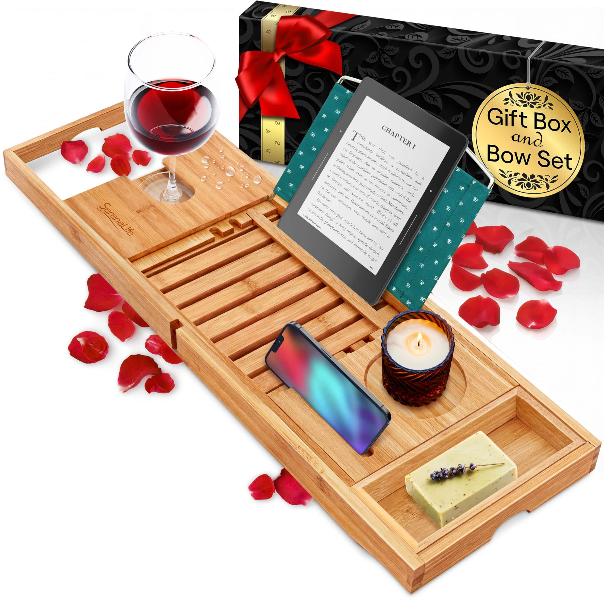 SereneLife - Premium Bathtub Tray Caddy with Gift Box and Bow Set, Expandable Bath Tray, Unique House Warming Gifts - Natural