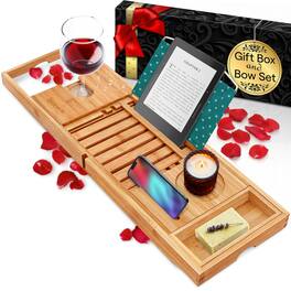 SereneLife - Premium Bathtub Tray Caddy with Gift Box and Bow Set, Expandable Bath Tray, Unique House Warming Gifts - Natural