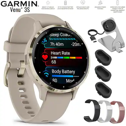 GARMIN Venu 3S
- BRIGHT 1.2" AMOLED TOUCHSCREEN DISPLAY
- UP TO 10 DAYS OF BATTERY LIFE IN SMARTWATCH MODE
- DETAILED HEALTH AND WELLNESS INSIGHTS
- ADVANCED FITNESS FEATURES
- WORKS WITH THE GARMIN CONNECT APP ON IPHONE AND ANDROID SMARTPHONES
Sleep Coach
- 7h 40m
- -20m
Heart Rate
- 68
Body Battery
- 80