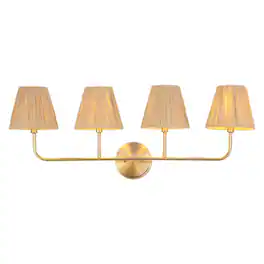 Jonathan Y - Malaya 31.5" 4-Light Bohemian Coastal Metal Pleated Paper Shade LED Vanity Light, Beige/Brass Gold - Brass Gold/Beige