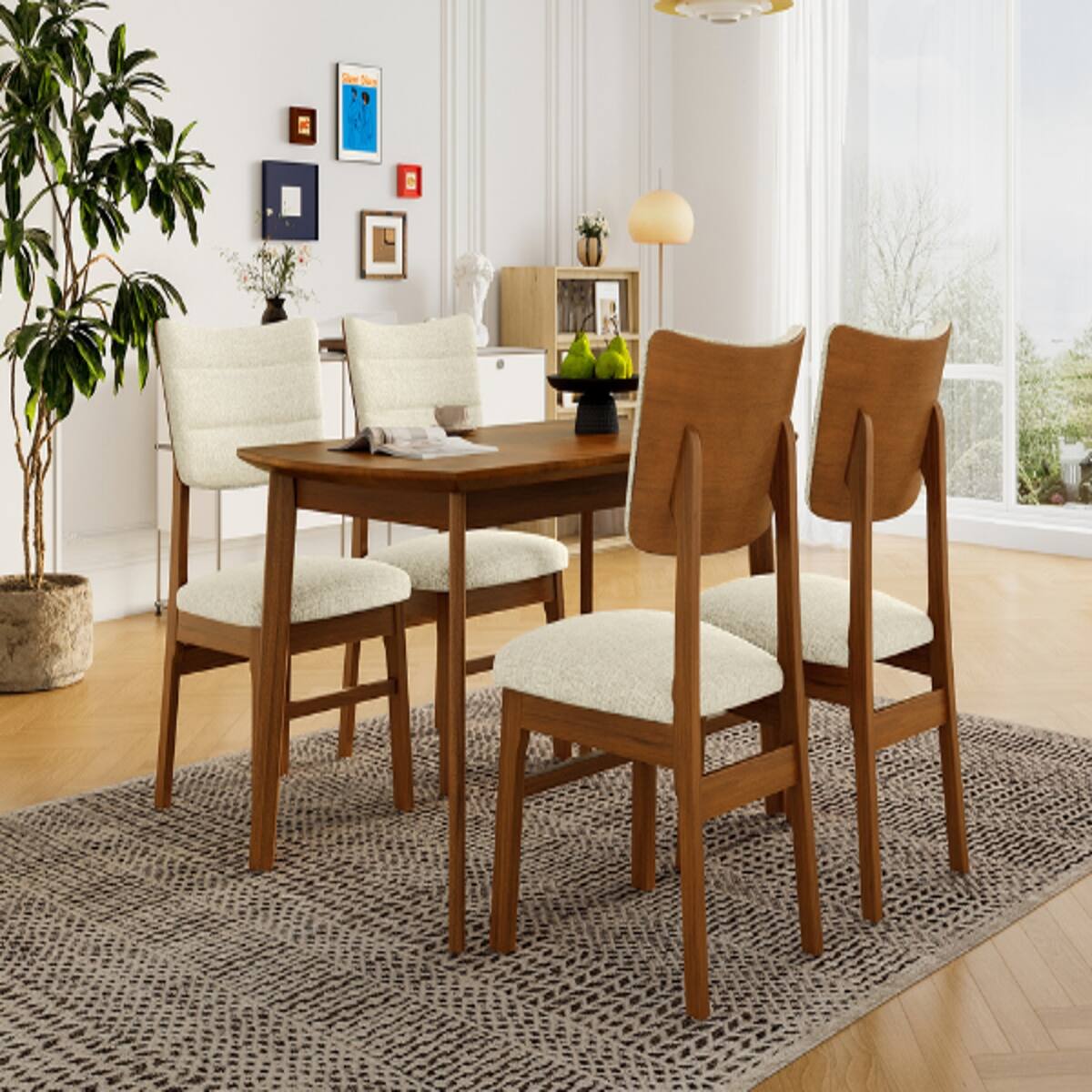 Alt View 2. Loheer - Loheer Farmhouse Dining Table Set for 4 with Upholstered Dining Chairs, Brown and Beige - Brown and Beige.