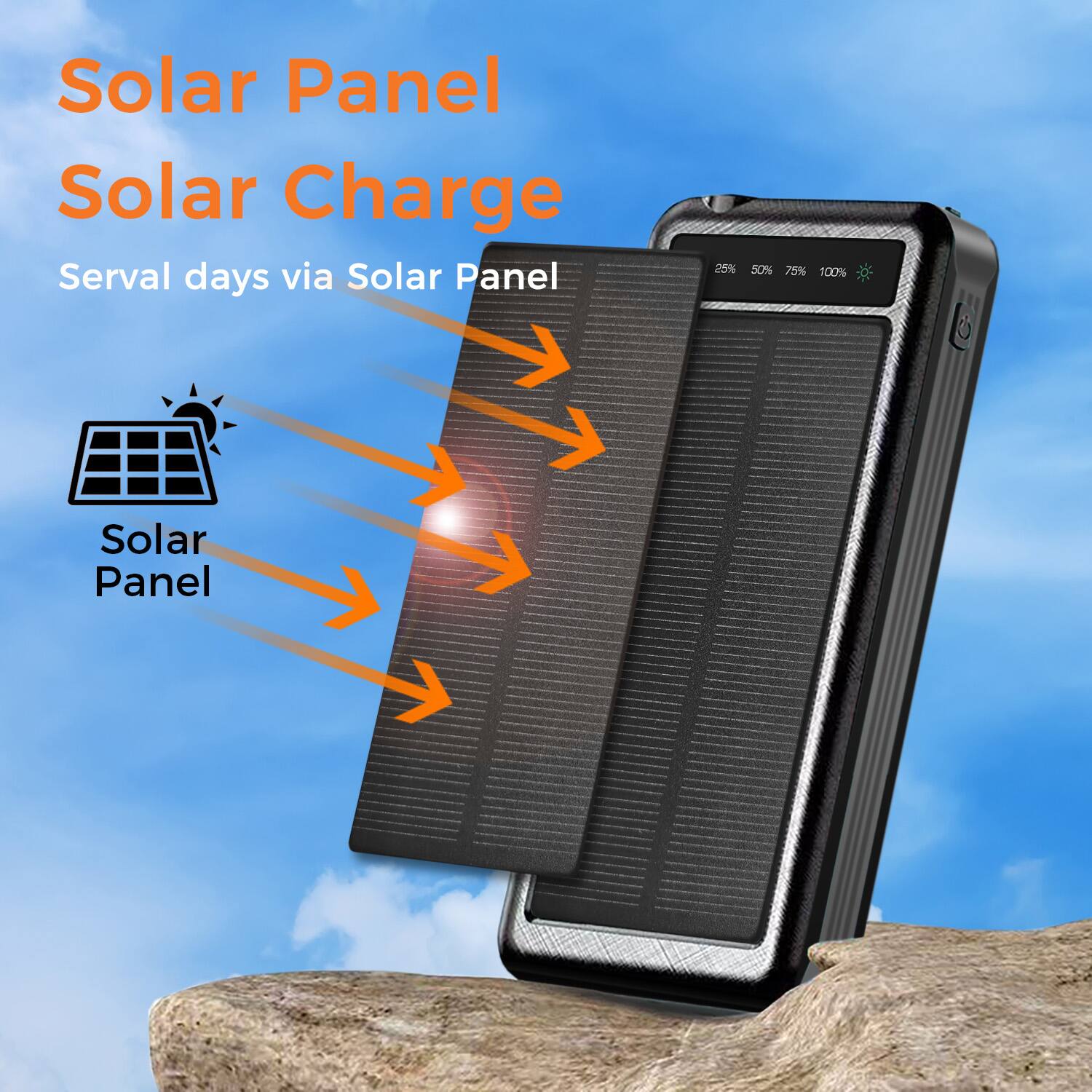 Solar Panel, Solar Charge, Serval days via Solar Panel, 25%, 50%, 75%, 100%, Solar Panel