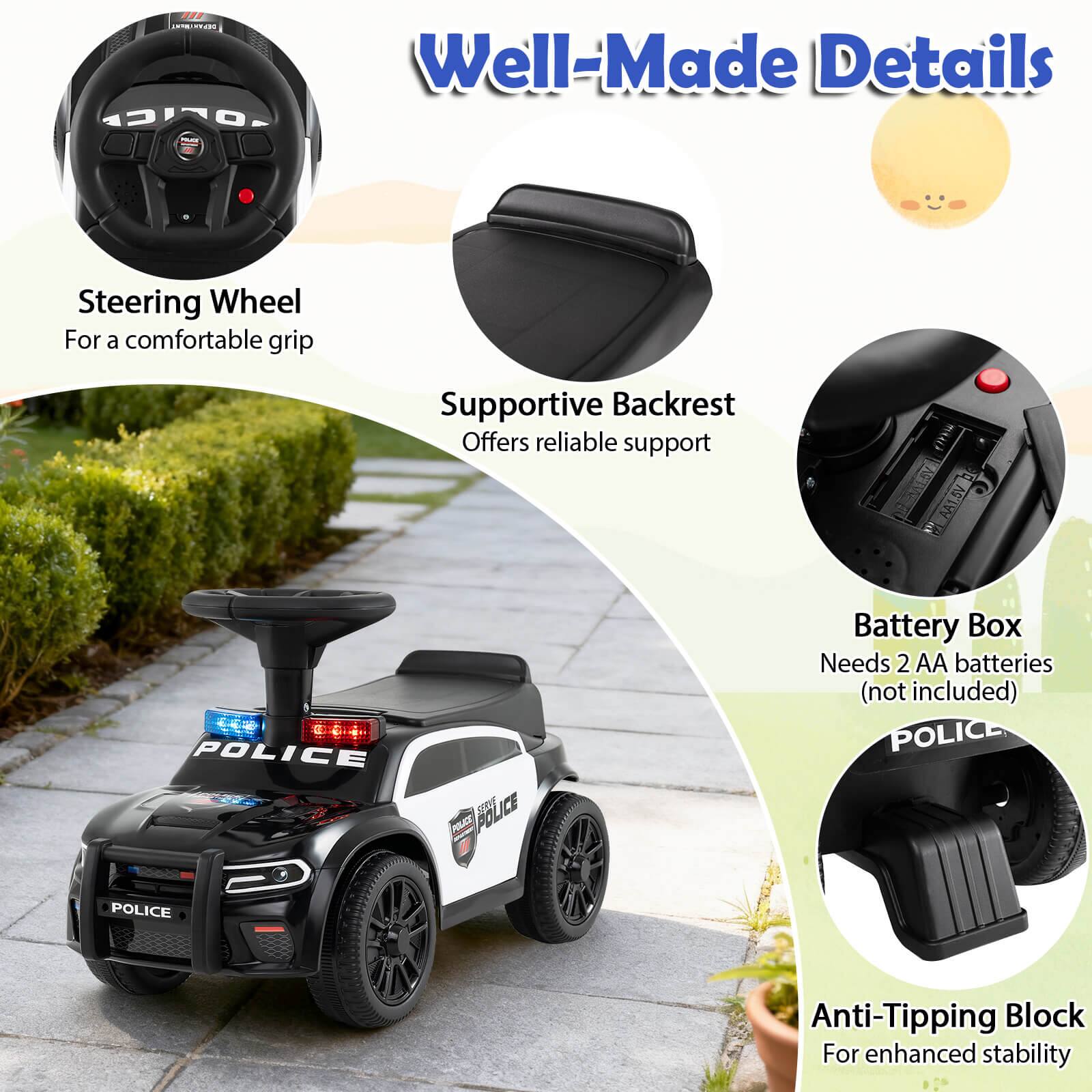 Well-Made Details

- Steering Wheel: For a comfortable grip
- Supportive Backrest: Offers reliable support
- Battery Box: Needs 2 AA batteries (not included)
- Anti-Tipping Block: For enhanced stability