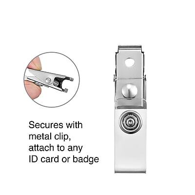 Secures with metal clip, attach to any ID card or badge