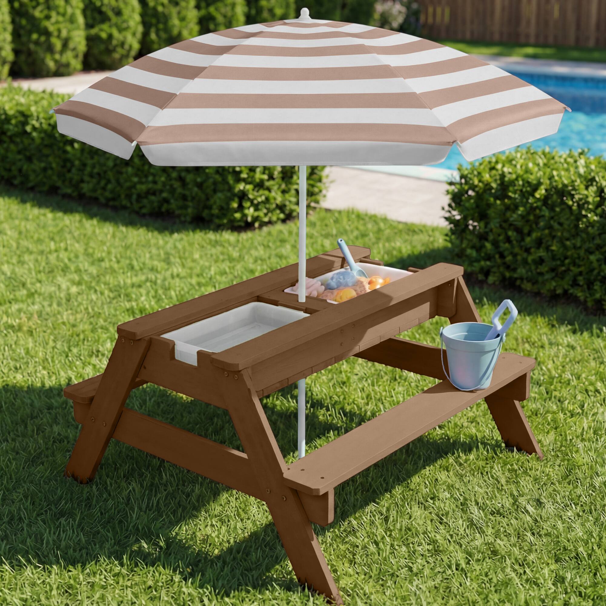 Alt View 2. Best Choice Products - Best Choice Products Kids 3-in-1 Outdoor Sand and Water Activity Picnic Table with Umbrella - Walnut/Beige - Walnut/Beige.