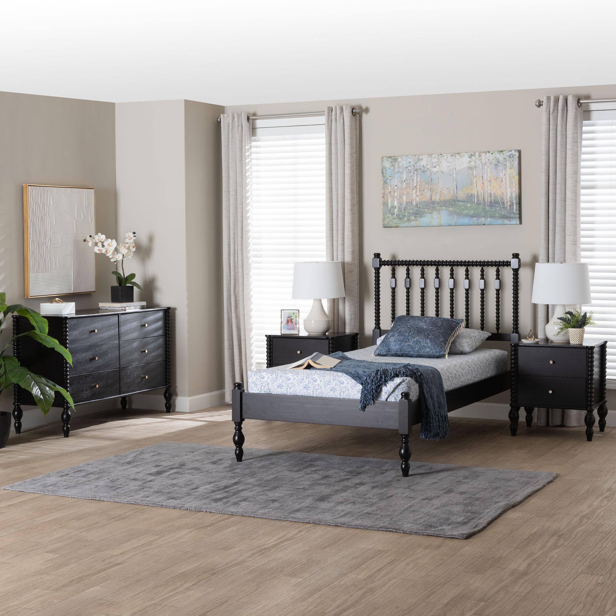Alt View 7. Baxton Studio - Callison Spindle 4-Piece Bedroom Set - Platform Bed with Matching Dresser and 2-Drawer Nightstands, Twin - Black.