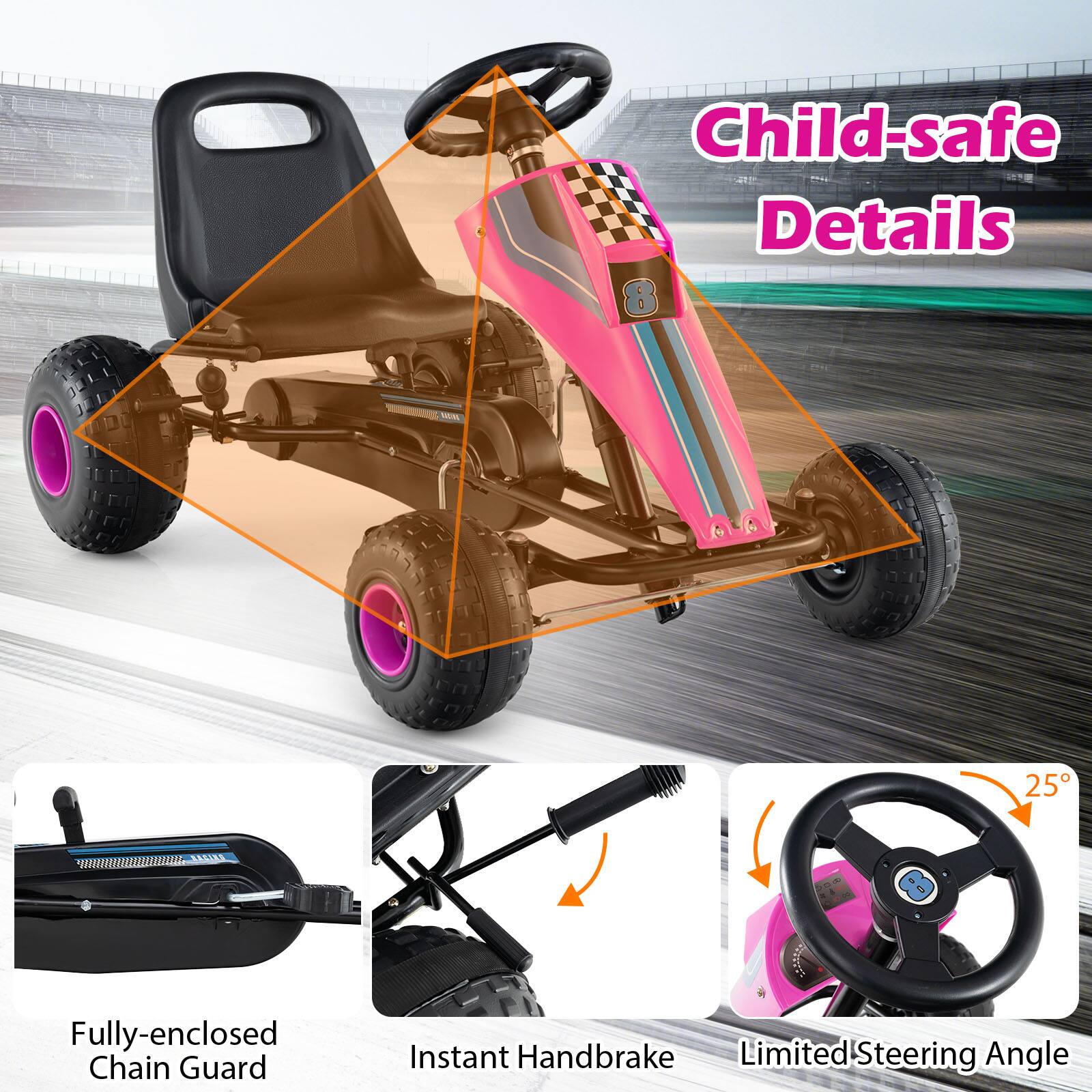 Child-safe Details

- Fully-enclosed Chain Guard
- Instant Handbrake
- Limited Steering Angle (25°)
