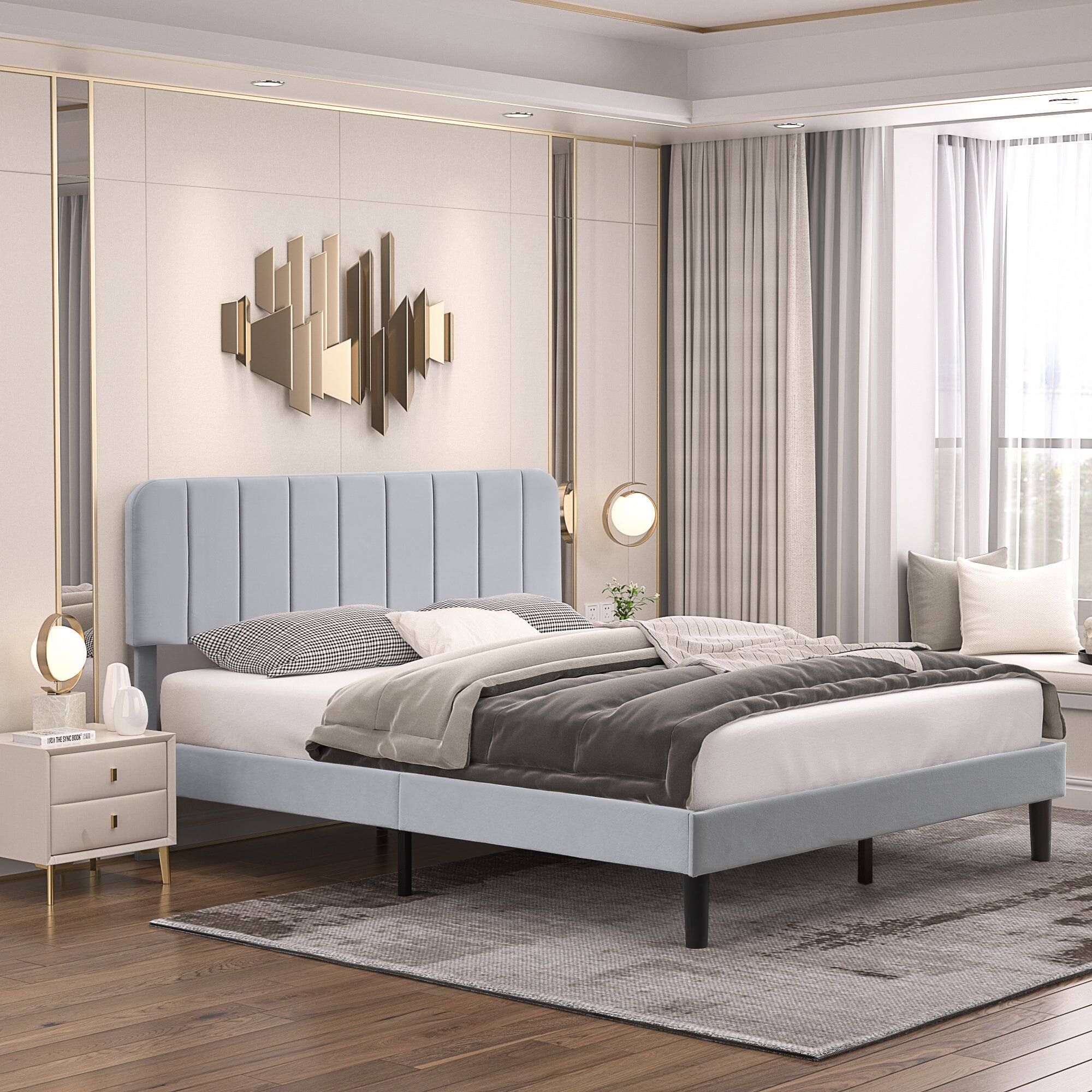 Alt View 3. Vecelo - Full Bed Frame w/ Padded Headboard & Platform, Reinforced Wood Slats - No Box Spring, Velvet Dark Blue - Easy Assembly - Light Gray.
