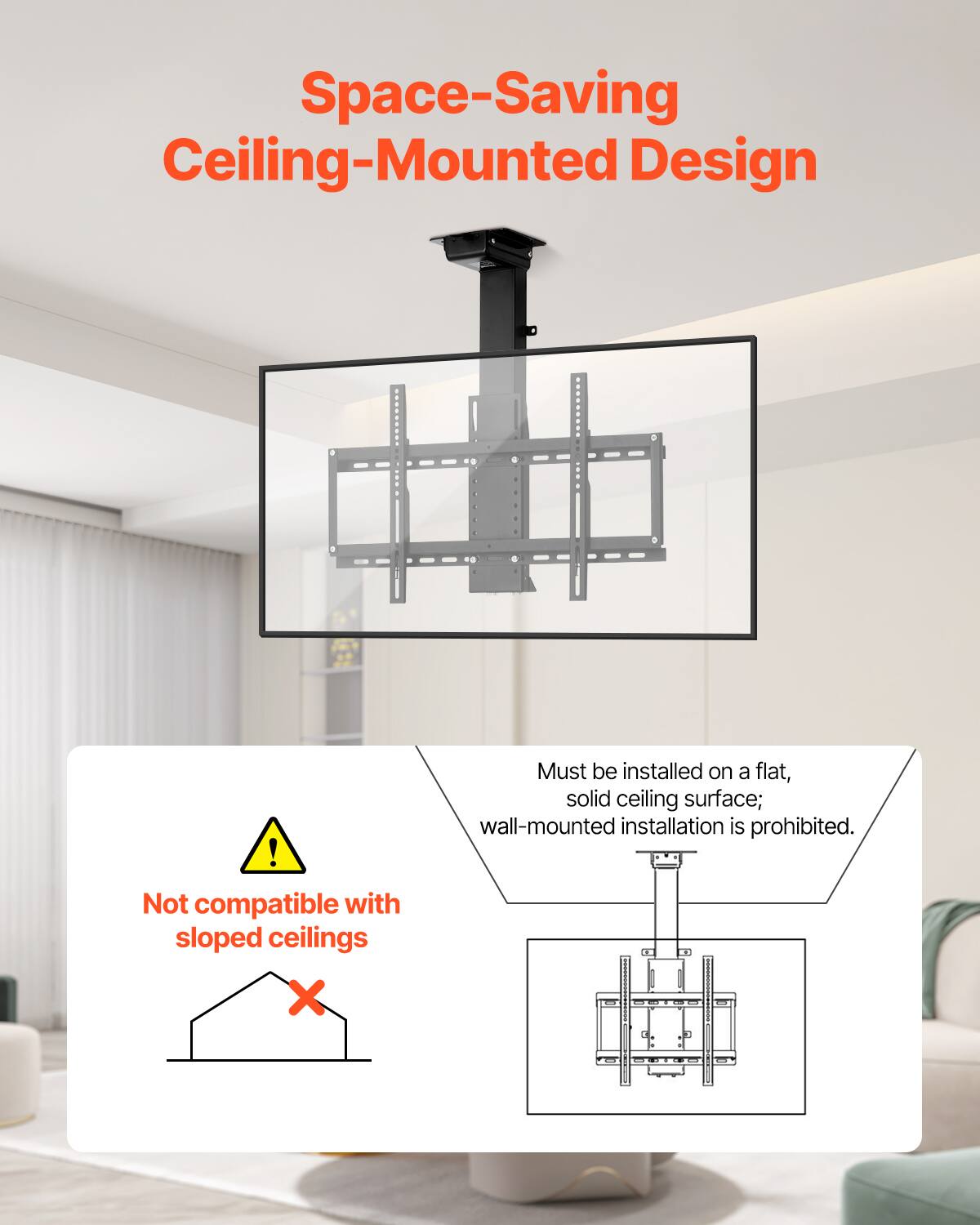 Space-Saving Ceiling-Mounted Design

Not compatible with sloped ceilings

Must be installed on a flat, solid ceiling surface; wall-mounted installation is prohibited.