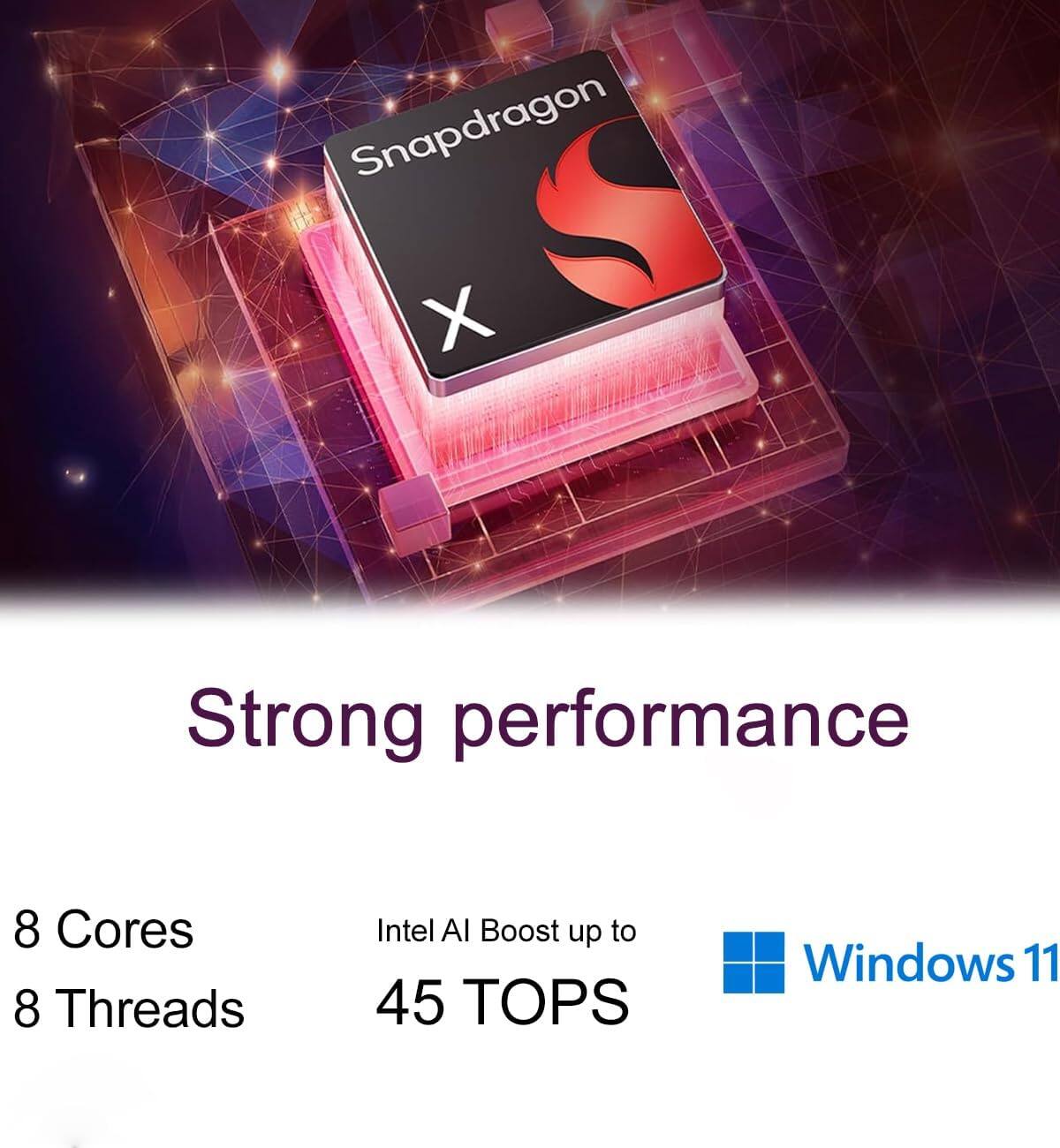 Snapdragon X  
Strong performance  
8 Cores  
8 Threads  
Intel AI Boost up to 45 TOPS  
Windows 11