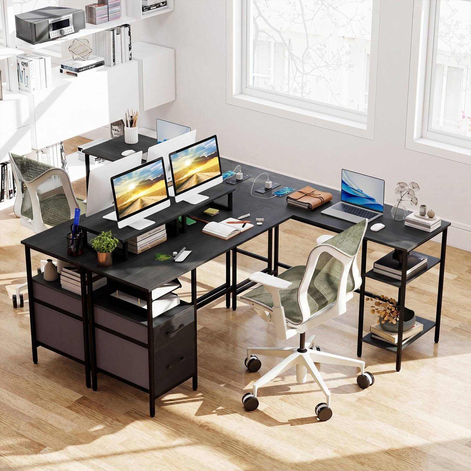 Alt View 4. Costway - Costway L Shaped Desk with Power Outlet, Reversible Computer Desk with Monitor Stands - Gray + Black.