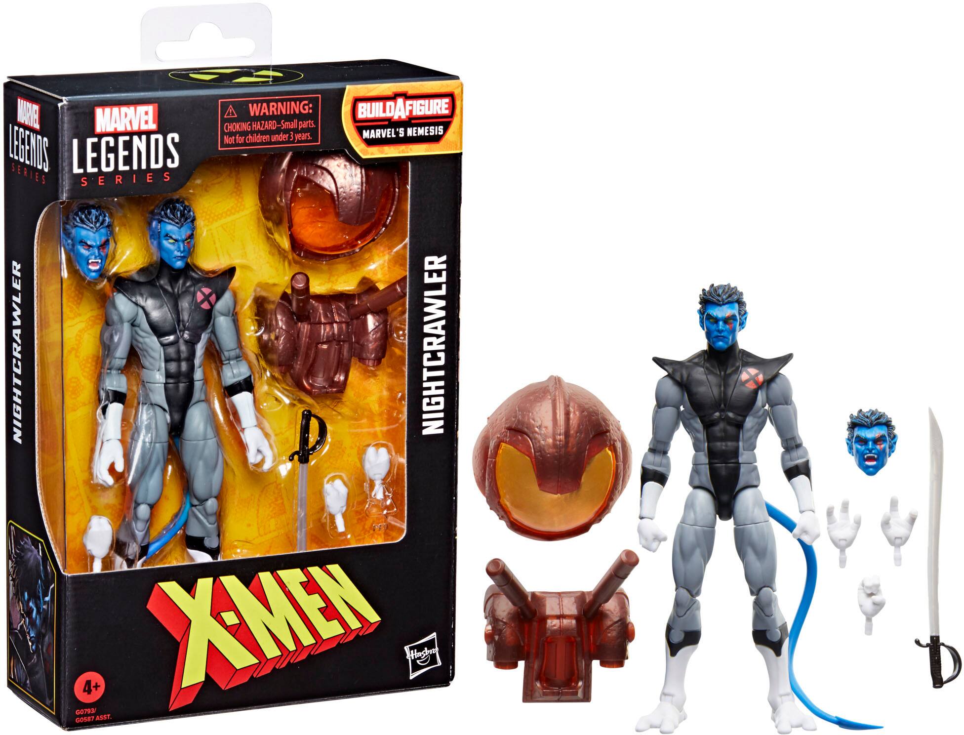 The text on the image reads: "WARNING: BUILDAFIGURE MARVEL CHOKING HAZARD-Small parts. Not for children under 3 years. MARVEL'S LEGENDS SERIES LEGENDS SERIES NIGHTCRAWLER aOTear 4+ XMEN Hasbro 00S8? ASST. D."