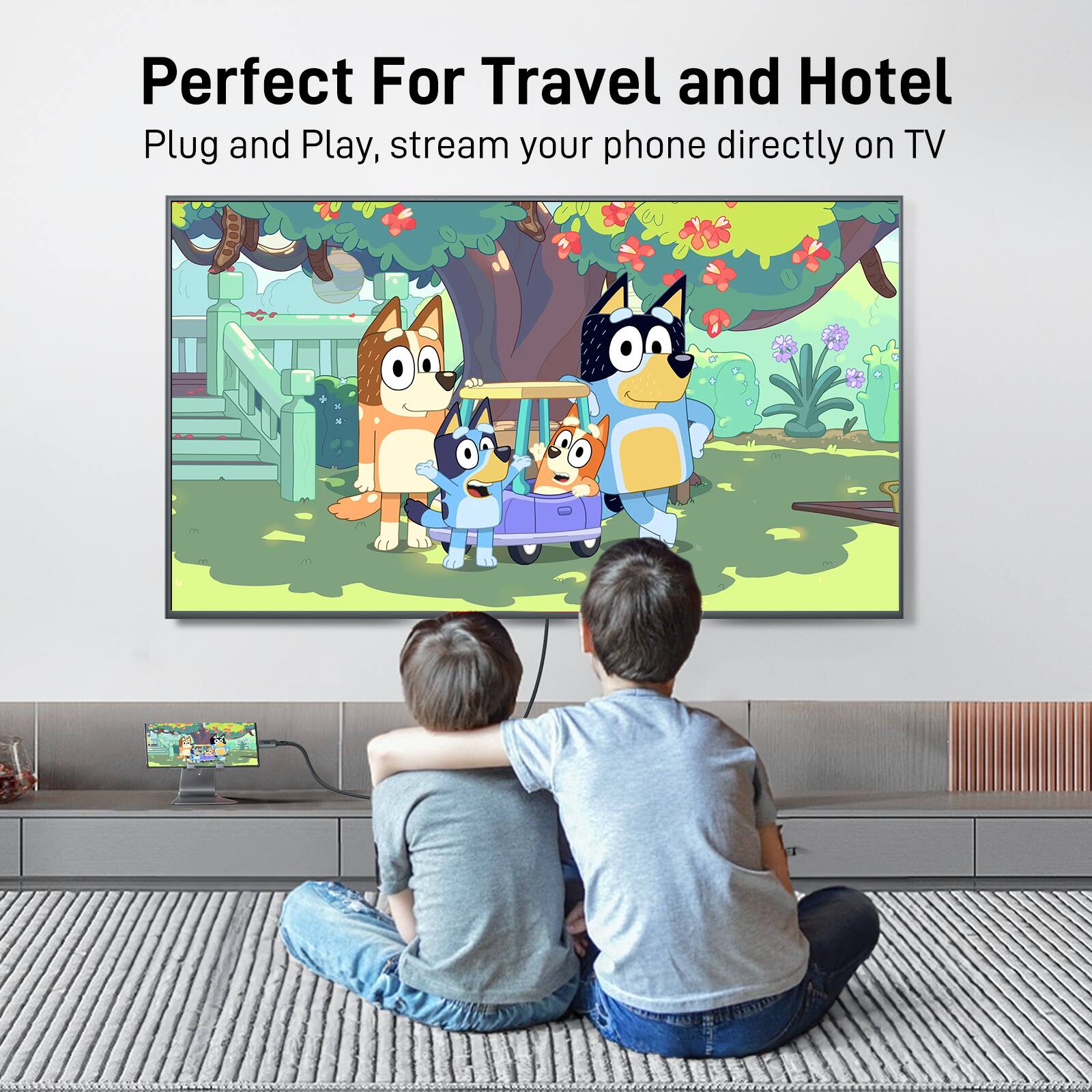 Perfect For Travel and Hotel  
Plug and Play, stream your phone directly on TV