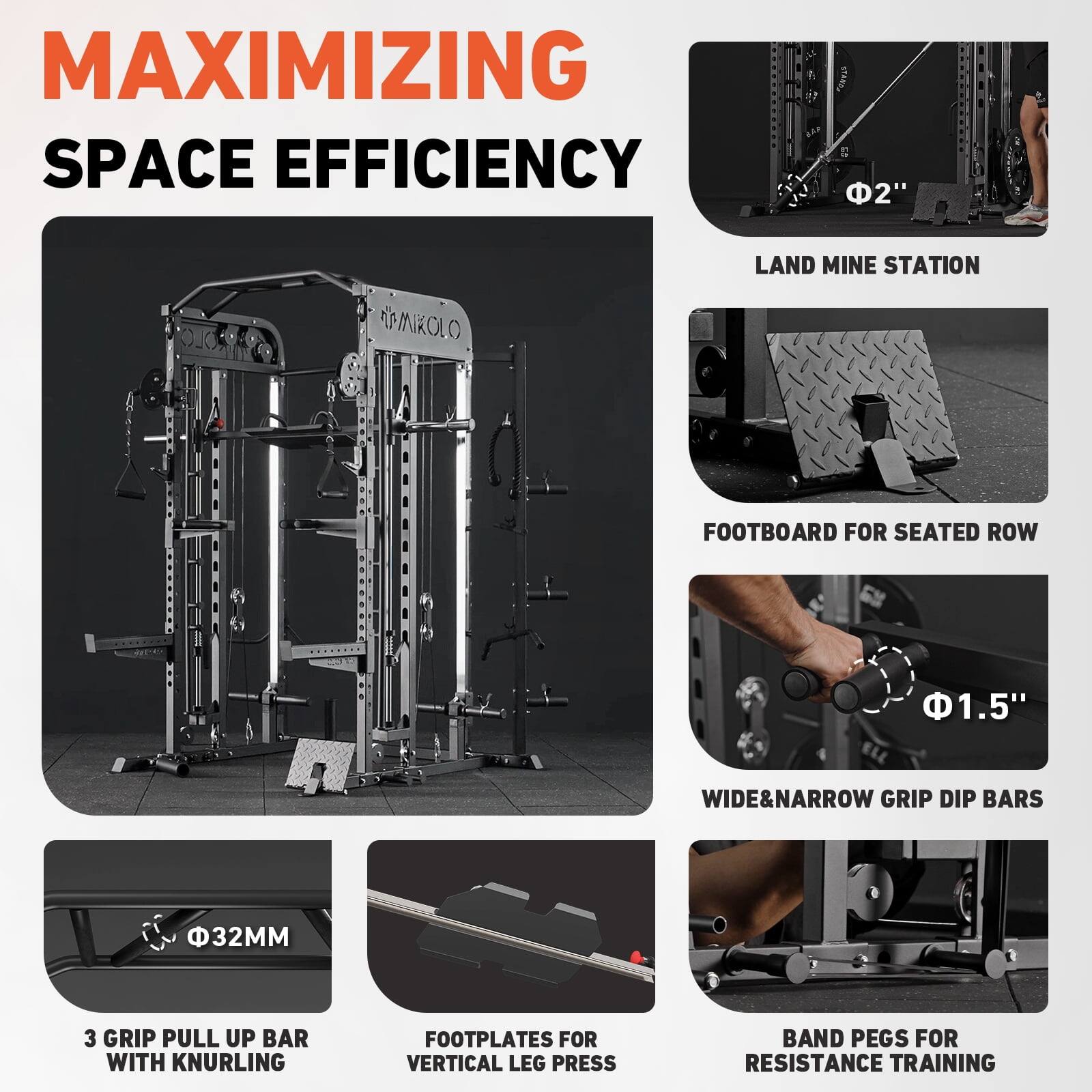 MAXIMIZING SPACE EFFICIENCY

2" PROLO RMANIROLO LAND MINE STATION
1.5" WIDE&NARROW GRIP DIP BARS
32 3 GRIP PULL UP BAR WITH KNURLING
FOOTPLATES FOR VERTICAL LEG PRESS
BAND PEGS FOR RESISTANCE TRAINING