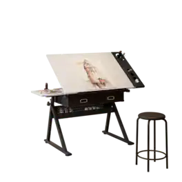 Bestier - Adjustable Drafting Table Art Desk with Tilting Tabletop, Storage Drawers & Stool, Drawing Desk for Crafting, Writing - White