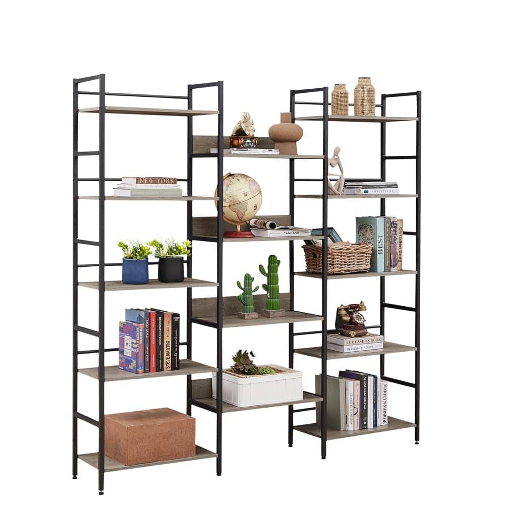 Jojoka - 5-Tier Large Bookshelf, Industrial Etagere Bookcase with Adjustable Shelves, Rustic Open Display Rack - Gray
