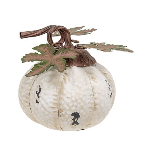 Front. BreeBe - Distressed White Metal Pumpkin w/Leaves - 5-1/2 In H - White.