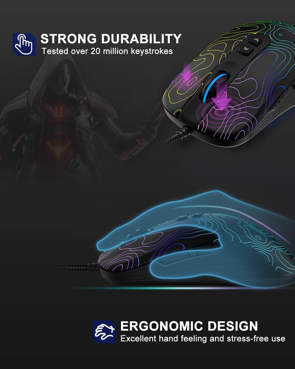 STRONG DURABILITY  
Tested over 20 million keystrokes  

ERGONOMIC DESIGN  
Excellent hand feeling and stress-free use