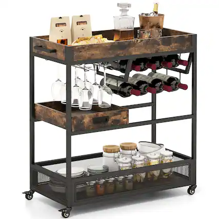 Front. Costway - Costway Rolling Bar Cart Serving Cart on Wheels 3-Tier Industrial Liquor Beverage Cart with Wine Rack & Glass Holder - Brown.