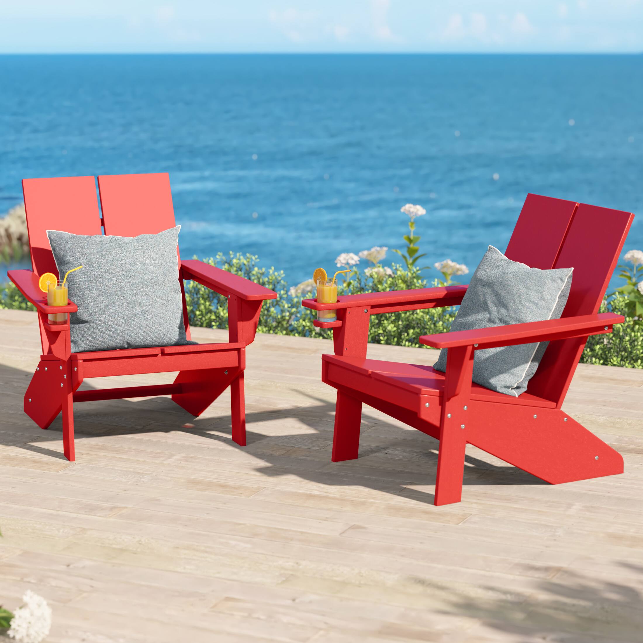 Angle. WestinTrends - WestinTrends Riviera Outdoor HDPE Modern Adirondack Chair with Cup Holder (Set of 2) - Red.