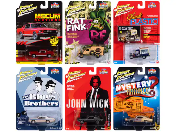 Sure, here is the corrected and grouped text from the image:
---
**JOHNNY LIGHTNING**
**MECUM AUCTIONS**
- MECUM SOLD
- Authentic Replicas of Classic Cars
- Die-Cast Metal
- Detailed Engine
- Release 2
- 6+*
**RAT FINK**
- DIE-CAST METAL
- OPENING HOOD WITH DETAILLED ENGINE
- RELEASE 2
- 6+*
**Classic PLASTIC**
- DIE-CAST METAL
- CLASSIC MODEL
- BONUS! MINI BOX
- RELEASE 2
- 6+*
**The Blues Brothers**
- Die-Cast Metal
- Detailed Body & Chassis
- Movie Replica
- Release 2
- 6+*
**JOHN WICK**
- DIE-CAST METAL
- BODY & CHASSIS
- MOVIE REPLICA
- RELEASE 2
- 6+*
**MYSTERY MATINEE**
- OPENING HOOD WITH DETAILLED ENGINE
- RELEASE 2
- 6+*
**POP Culture**
---
This text is organized by each product card, including the main title, key features, and release information.