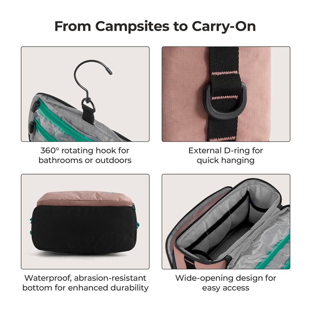 From Campsites to Carry-On

360° rotating hook for bathrooms or outdoors

External D-ring for quick hanging

Waterproof, abrasion-resistant bottom for enhanced durability

Wide-opening design for easy access