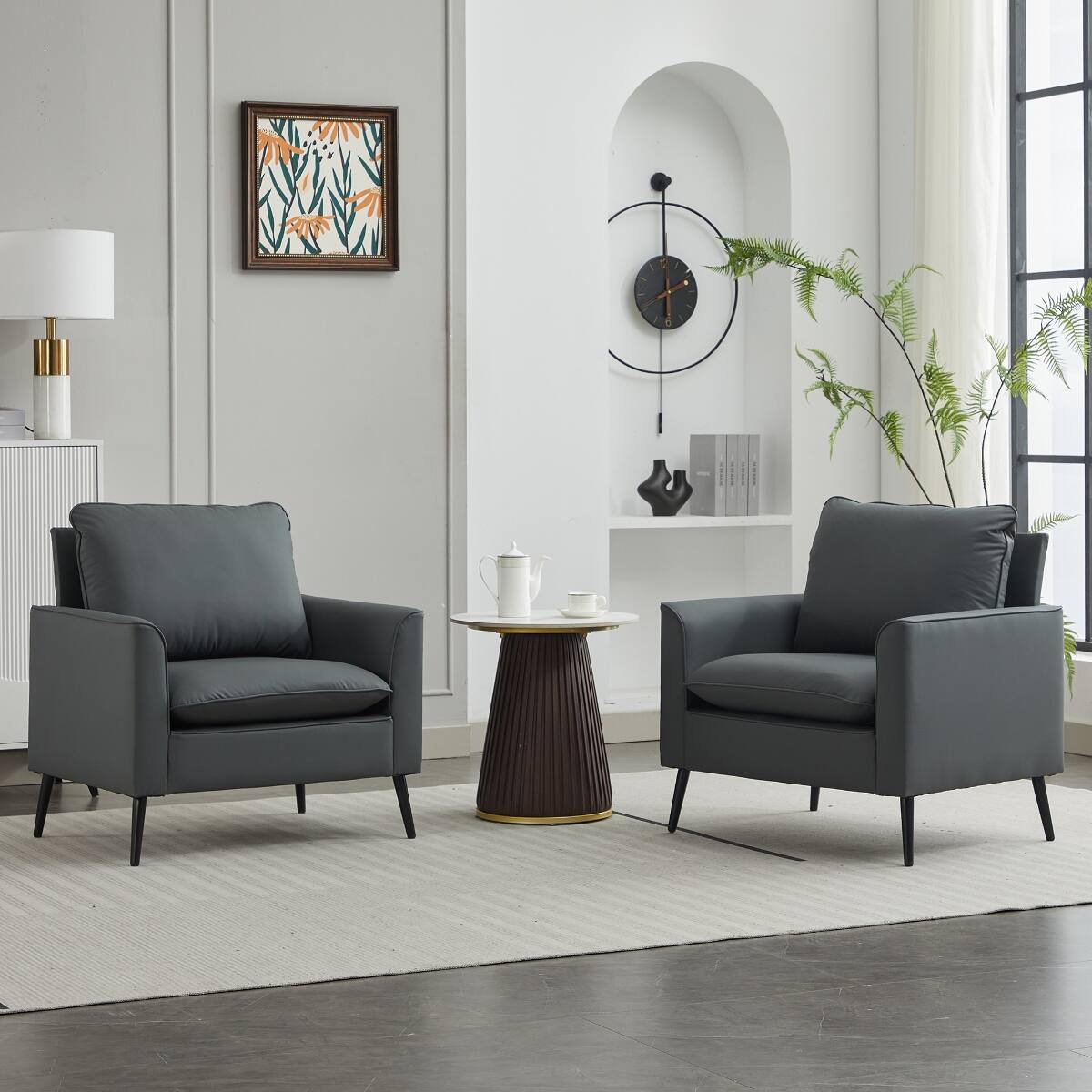Front. Ropilly - Ropilly Light Gray Faux Leather Accent Chair Set, Modern Nordic Retro Armchairs for Living Room Bedroom - Light Gray.