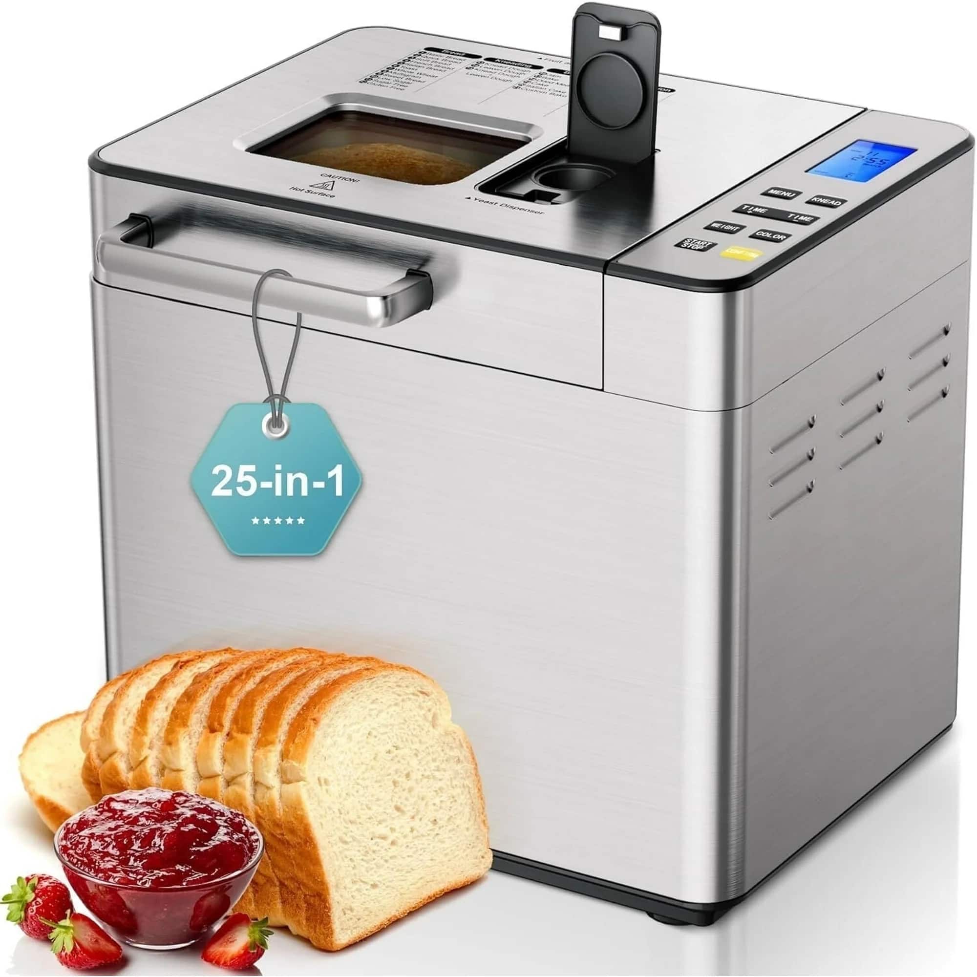 SIMZLIFE - 25-in-1 Bread Maker, 2LB Dough & Bread Maker Machine with Auto Fruit and Nut Dispenser,Stainless Steel - Silver