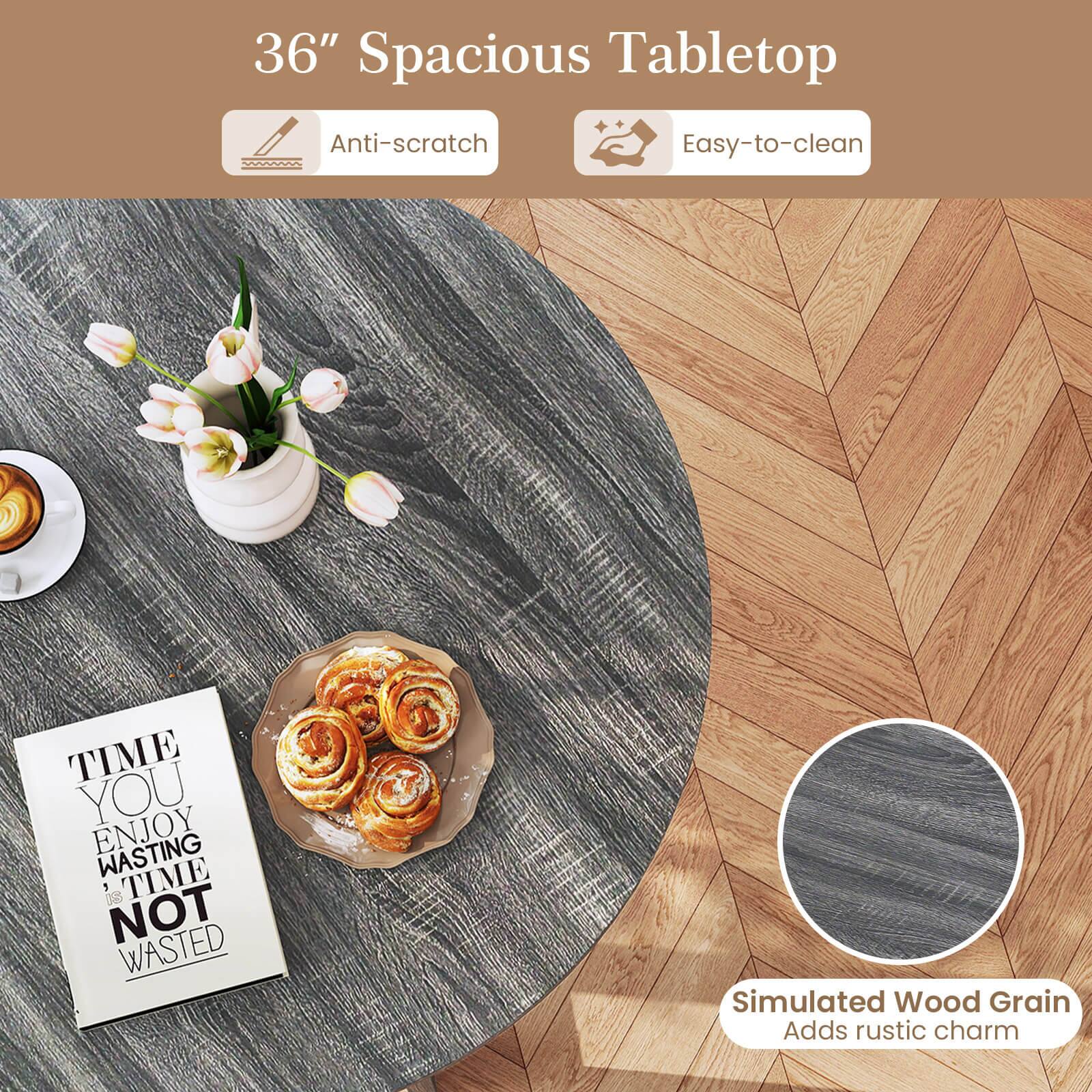 The text on the image reads: "36" Spacious Tabletop Anti-scratch Easy-to-clean TIME YOU ENJOY WASTING TIME DS NOT WASTED Simulated Wood Grain Adds rustic charm."