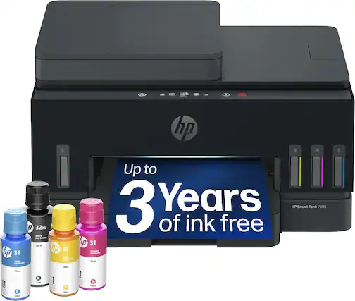 - - - de P D P 0 32XL Back to Bocte p 31 195 a p 31 hp 31 Magenta M MTu Sute w Buttie Lyam F - Runte . - 1 m I K It - M I1 Y C - hp Y M Up to 3 Years HP Smart Tank 7603 of ink free