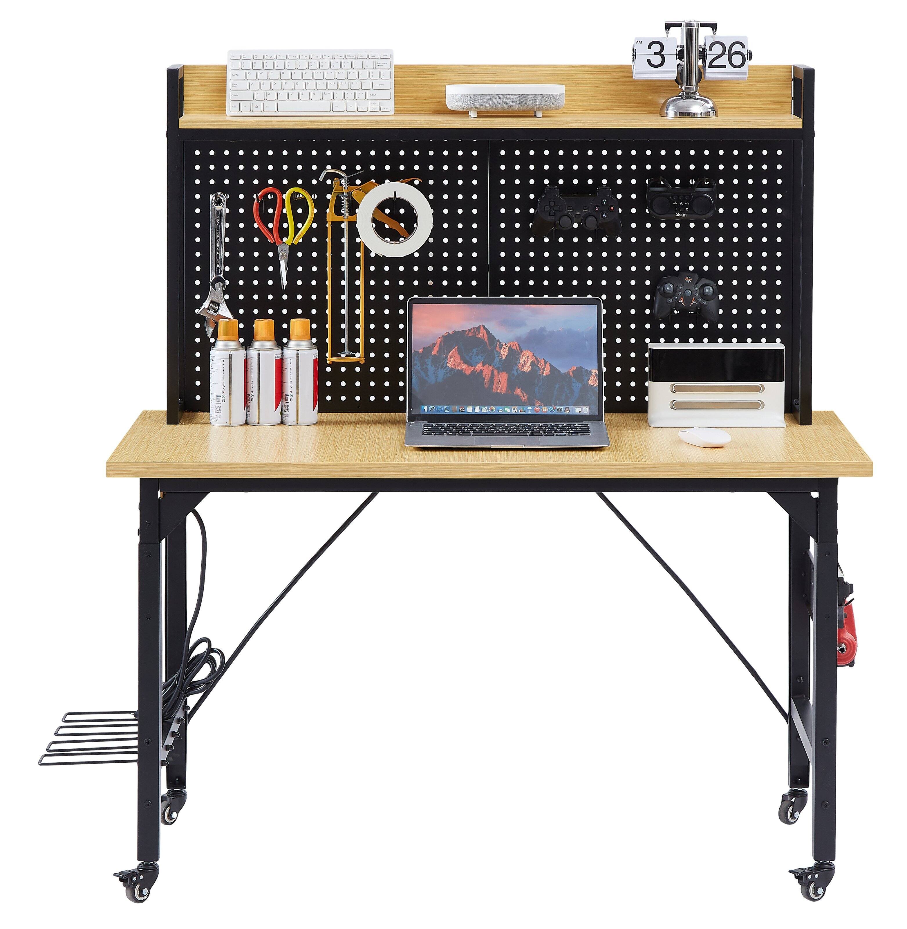 Alt View 5. LOVMOR - 48 inch Adjustable Rolling Workbench with Pegboard USB Outlet Hooks and Shelf for Garage Workshop Home.