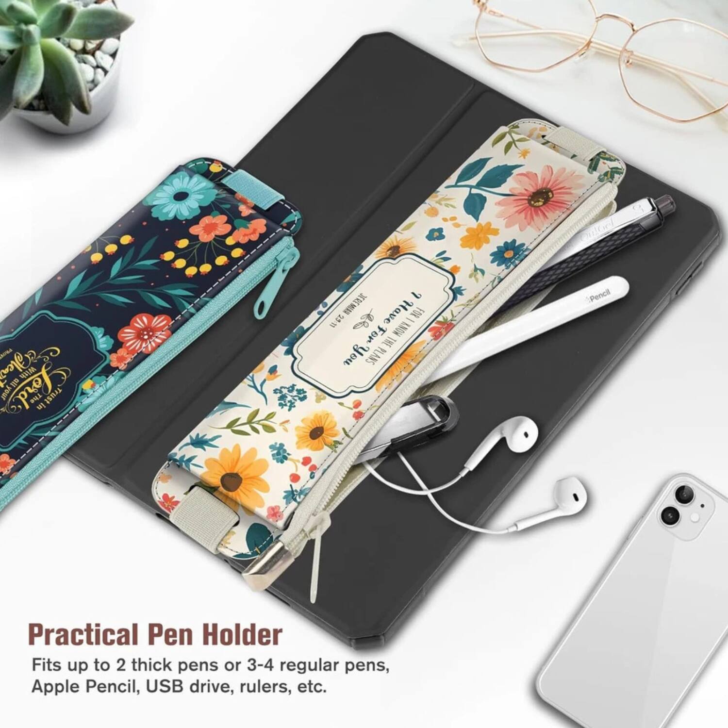 Practical Pen Holder  
Fits up to 2 thick pens or 3-4 regular pens, Apple Pencil, USB drive, rulers, etc.