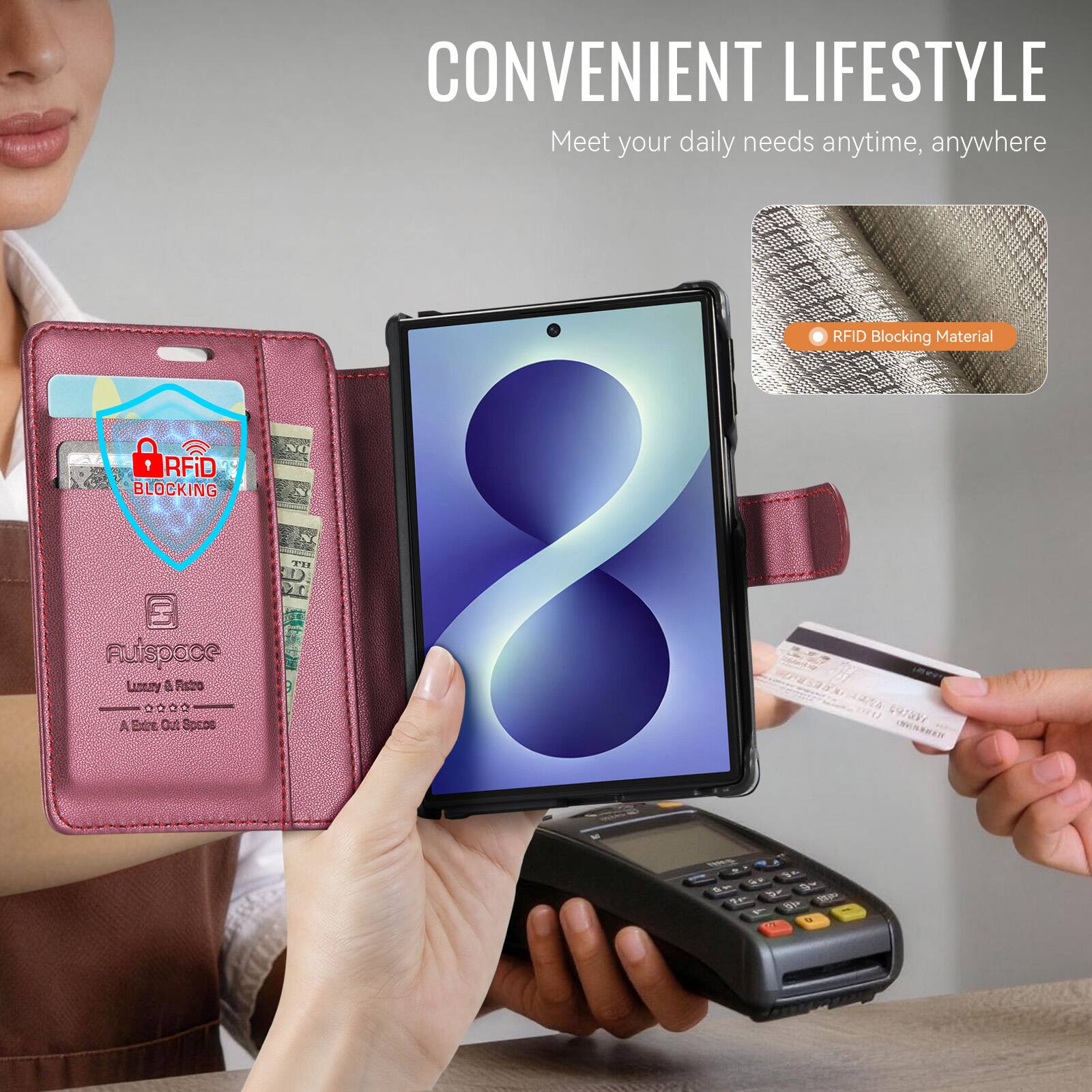 CONVENIENT LIFESTYLE  
Meet your daily needs anytime, anywhere

RFID Blocking Material

Autospace  
Loney & Ristro  
A Brand Out Space