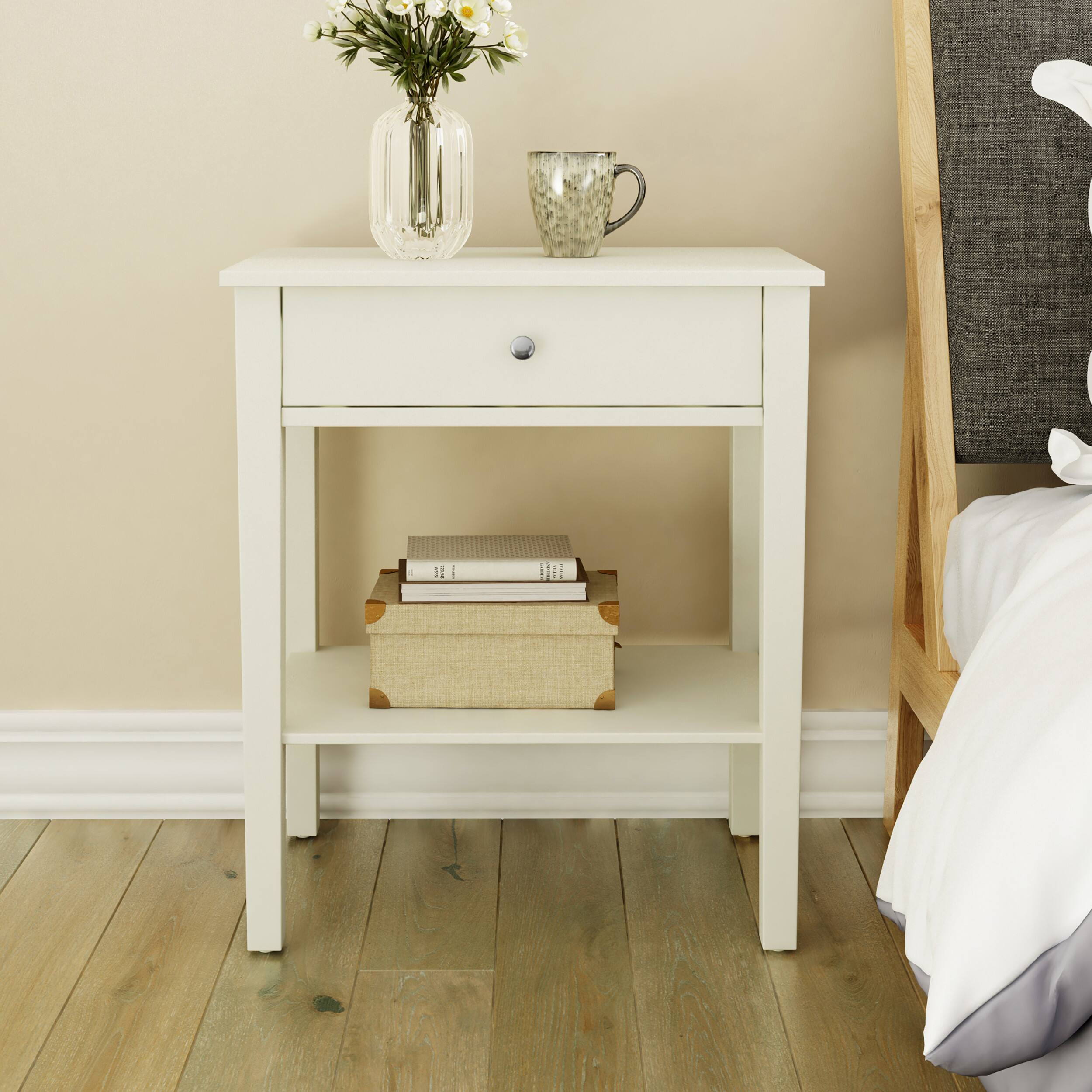 Left. Click Decor - Sloan Single Drawer Solid Wood Side Table - White.