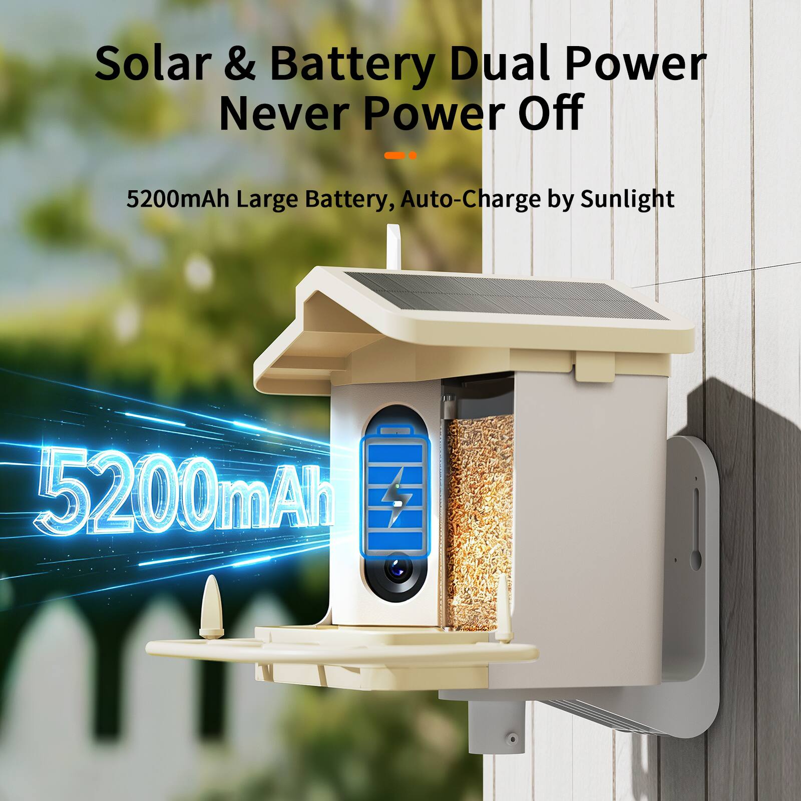 Solar & Battery Dual Power Never Power Off  
5200mAh Large Battery, Auto-Charge by Sunlight