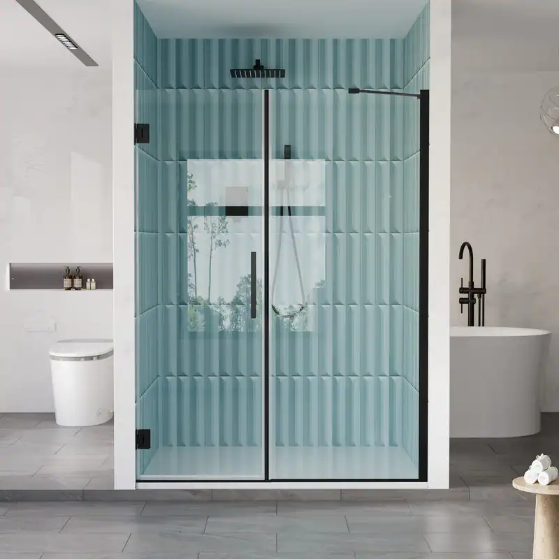 Front. WELLFOR - 53–54 in. W x 72 in. H Frameless Hinged Shower Door with 3/8" Clear Tempered Glass, Reversible Opening - Matte Black.