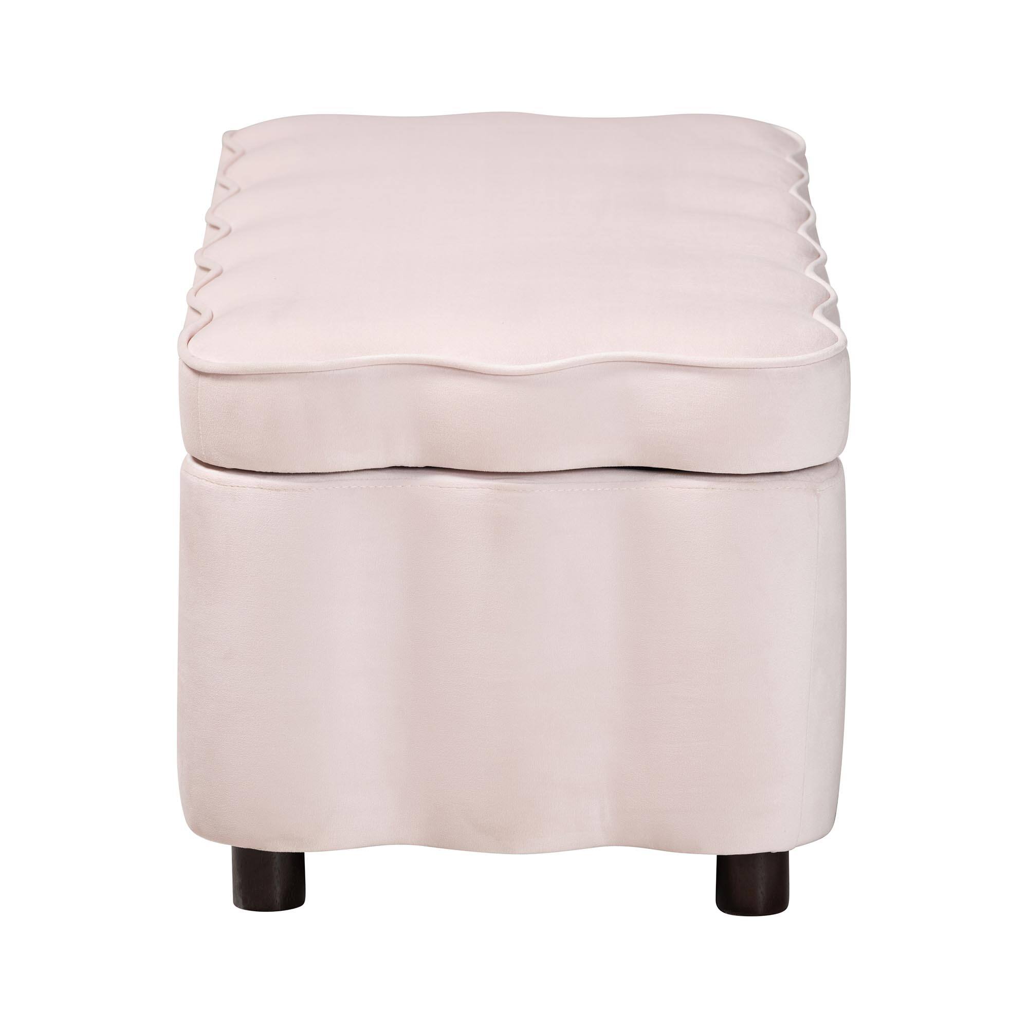 Back. Baxton Studio - Paulina Velvet Storage Bench - Lift Top Accent Bench with Interior Storage and Scalloped Outline - Light Pink/Black.