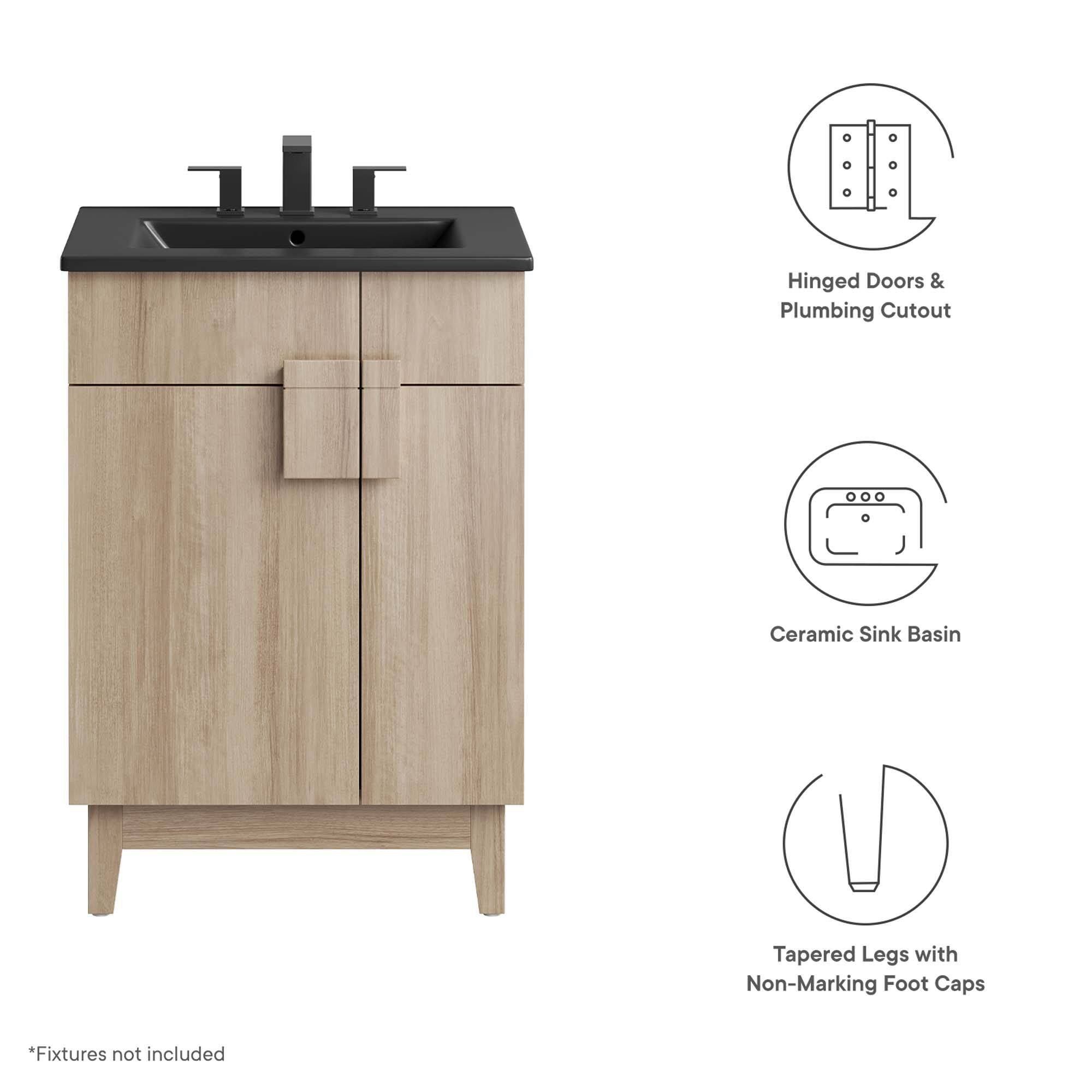 Hinged Doors & Plumbing Cutout  
Ceramic Sink Basin  
Tapered Legs with Non-Marking Foot Caps  

*Fixtures not included