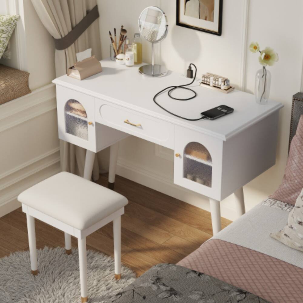 Alt View 4. LUCKY ONE - Elegant Vanity Makeup Table w/ Chair Charging Port 2 Cabinets 1 Drawer - White.
