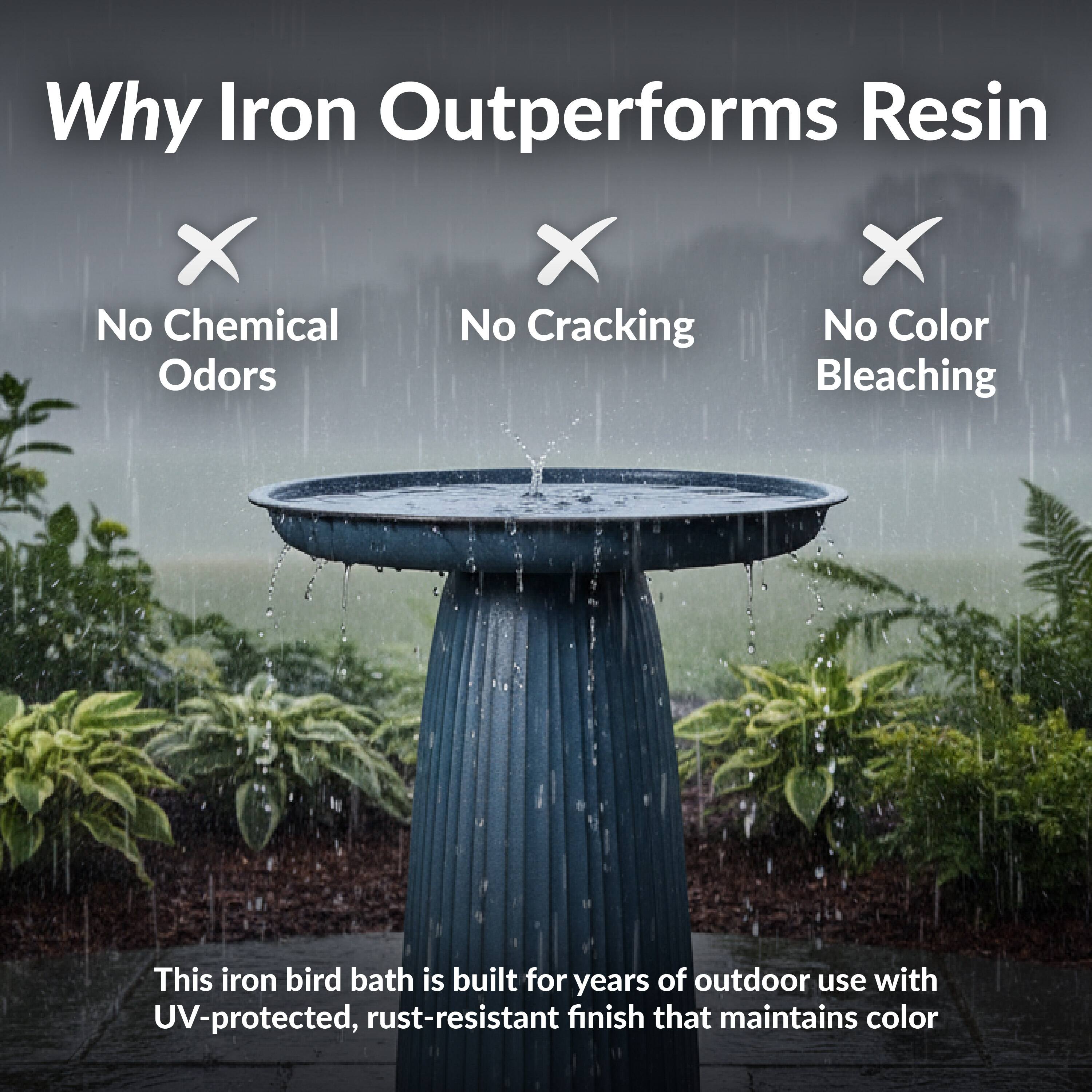 Why Iron Outperforms Resin

- No Chemical Odors
- No Cracking
- No Color Bleaching

This iron bird bath is built for years of outdoor use with UV-protected, rust-resistant finish that maintains color
