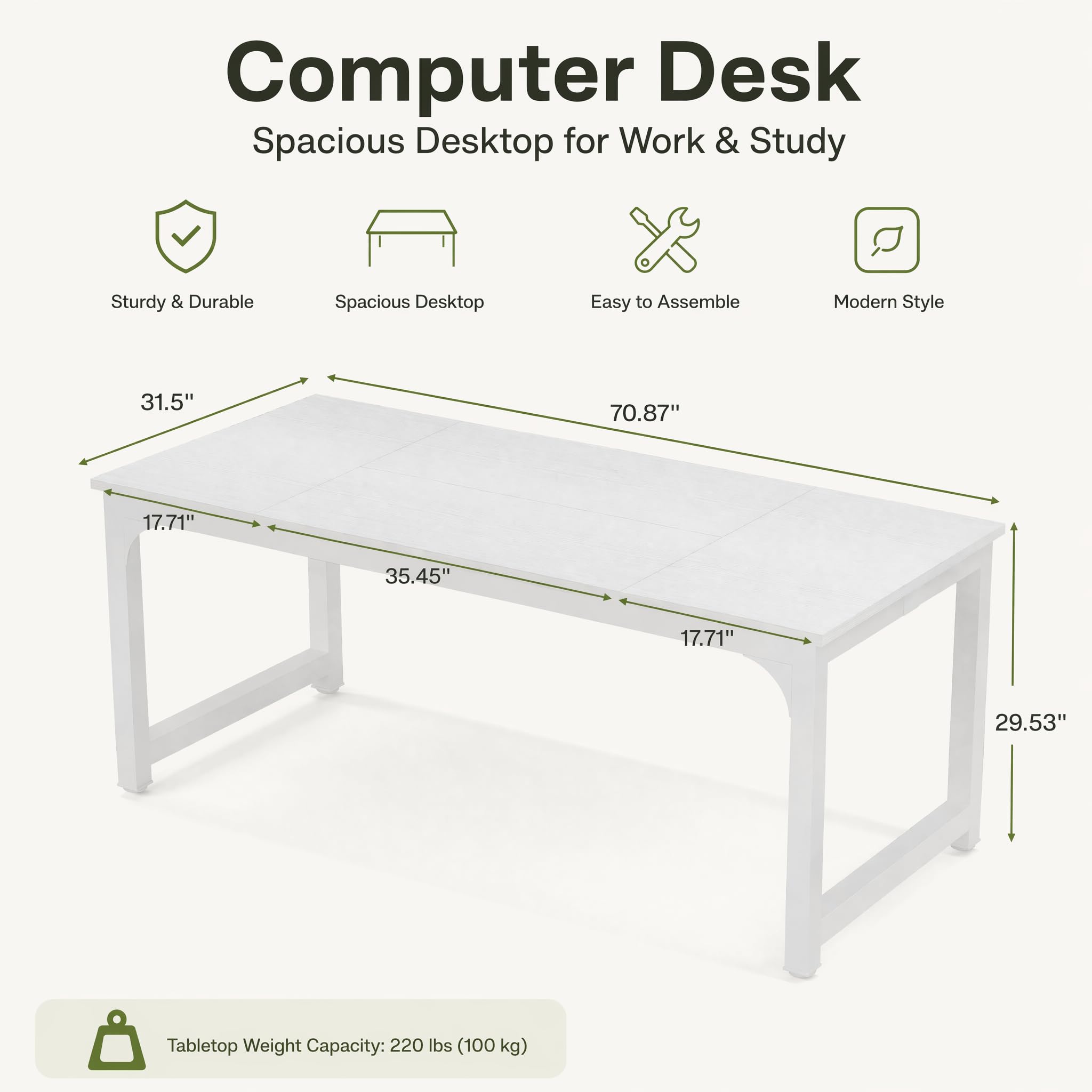 Computer Desk Spacious Desktop for Work & Study

Sturdy & Durable
Spacious Desktop
Easy to Assemble
Modern Style

31.5" x 70.87" x 17.71" x 35.45" x 17.71" x 29.53"

Tabletop Weight Capacity: 220 lbs (100 kg)