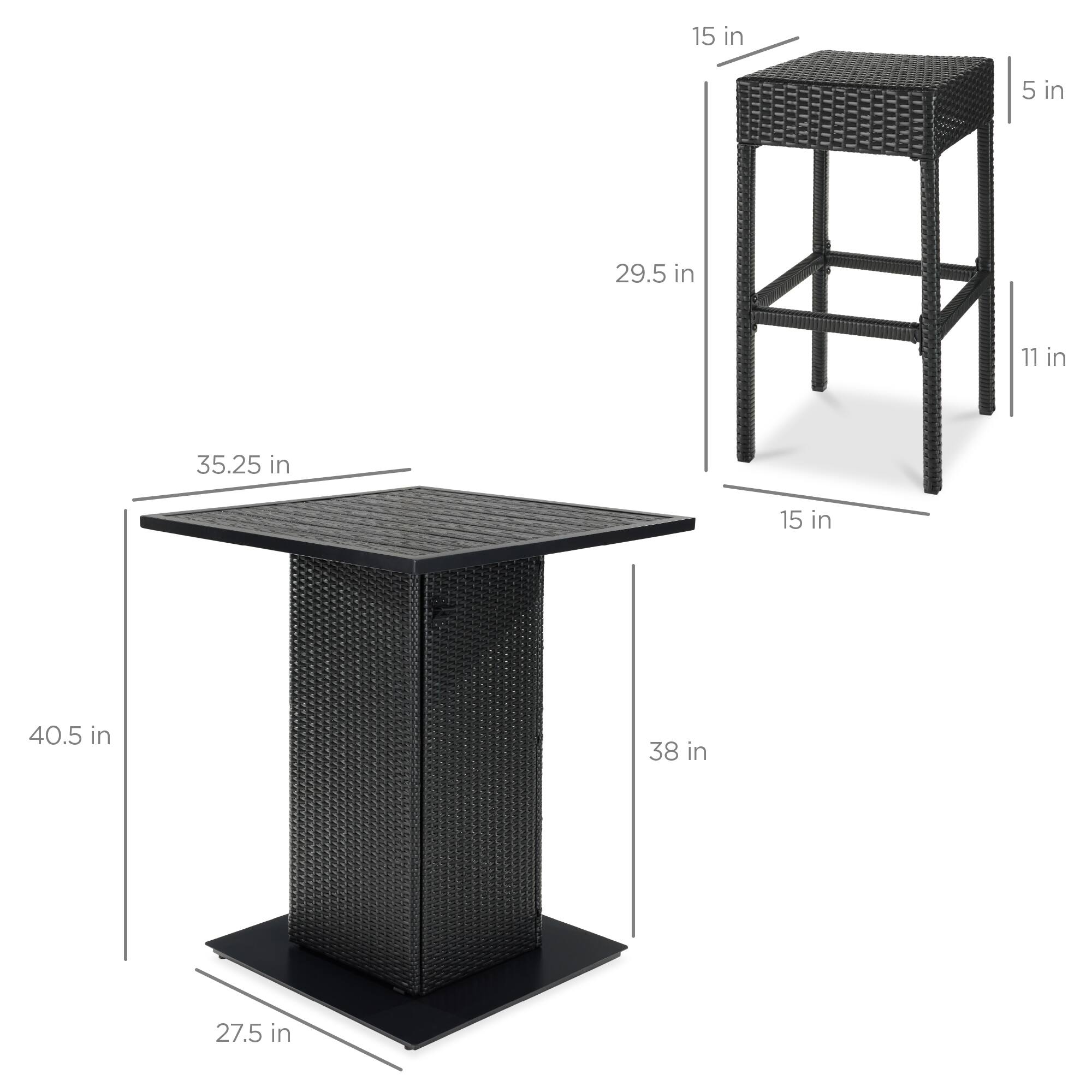 - Table:
  - Width: 35.25 in
  - Depth: 38 in
  - Height: 40.5 in
  - Base Width: 27.5 in

- Stool:
  - Seat Width: 15 in
  - Seat Depth: 5 in
  - Seat Height: 11 in
  - Overall Height: 29.5 in