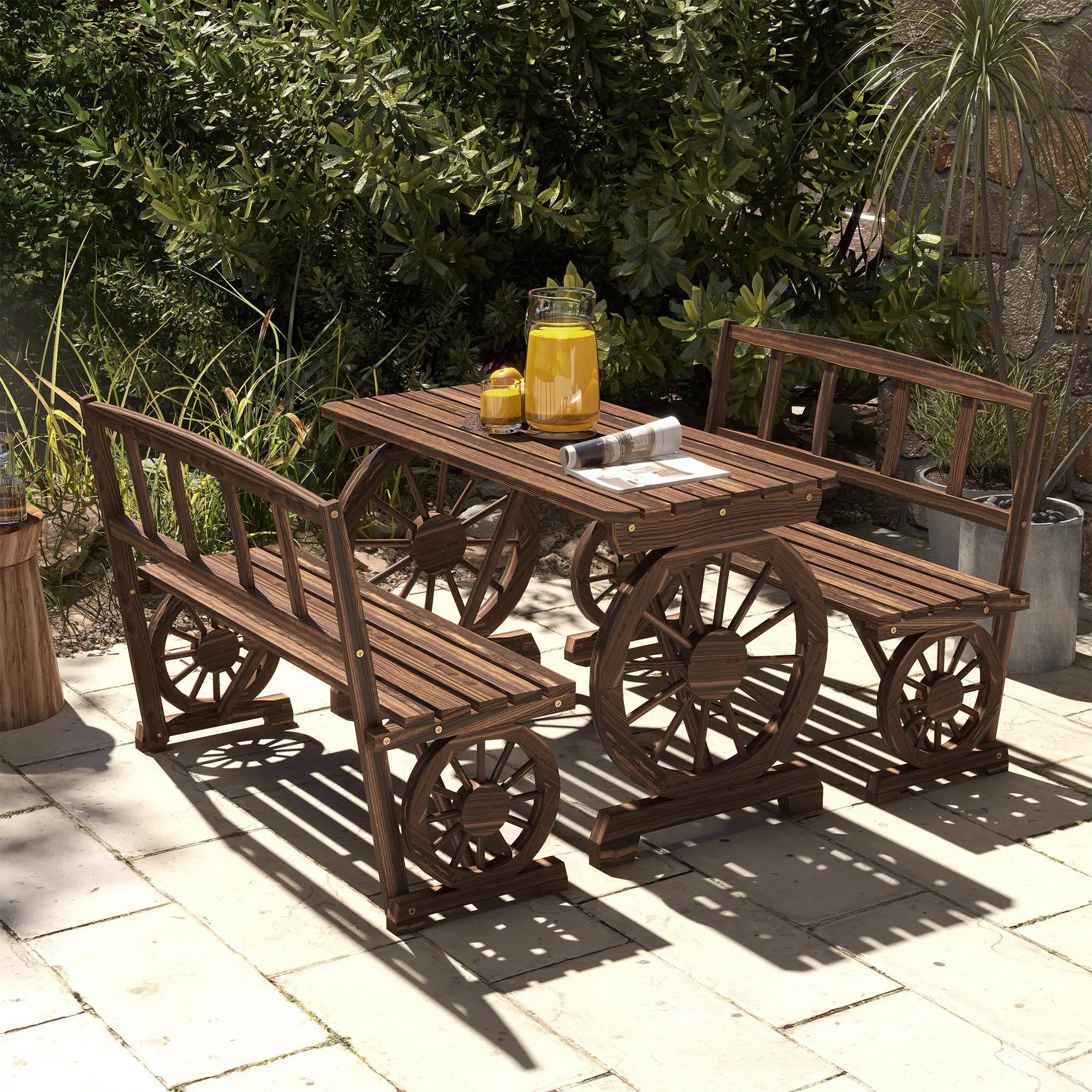 Left. Resenkos - Resenkos Patio Table and Chairs for 4 People, A Table And Two Dining Benches, Wagon Wheel Design, Pine Wood, Brown - Brown.