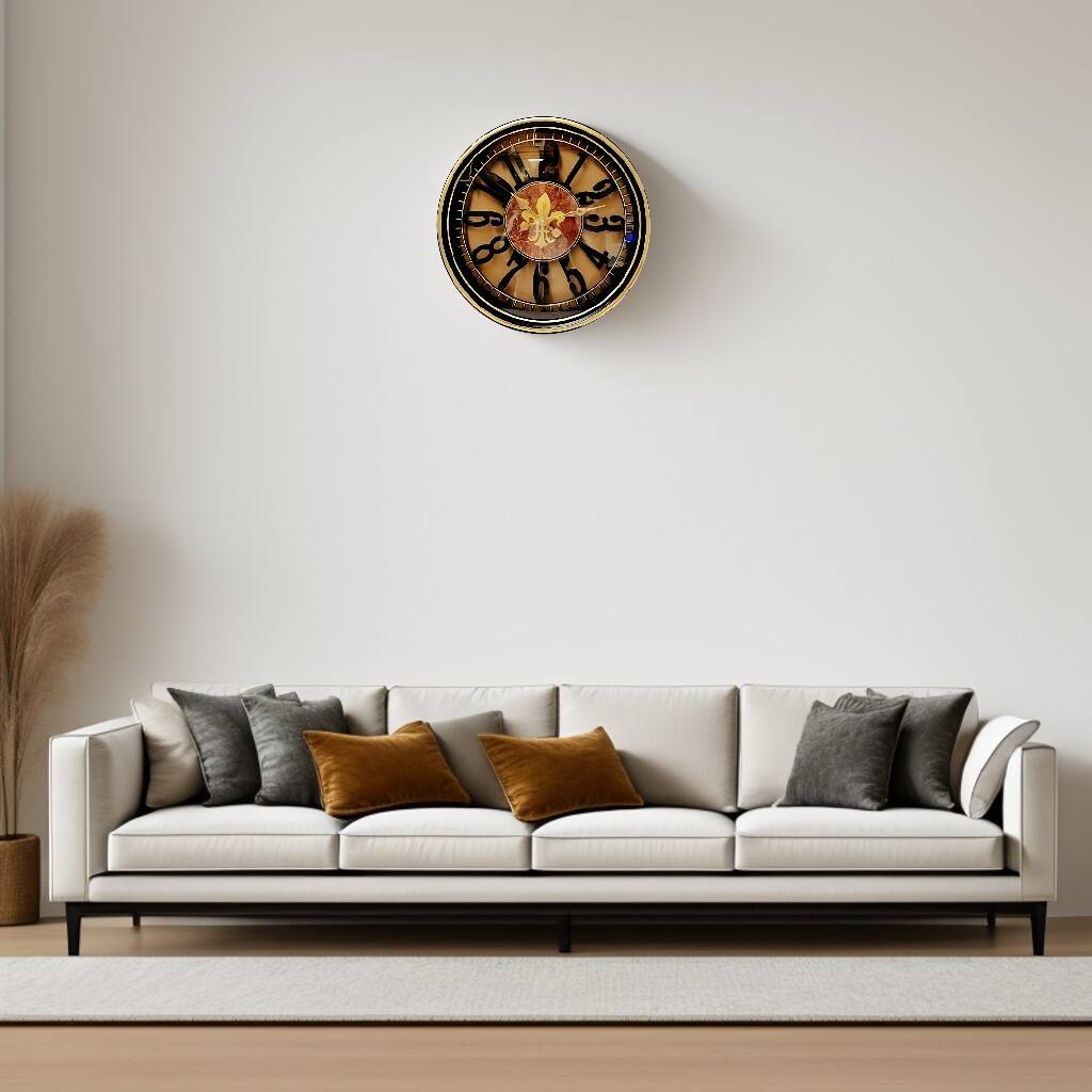 Angle. FC Design - 18"H Metallic Gold on Black Vintage Fleur-de-lis Round Wall Clock - Multicolor.