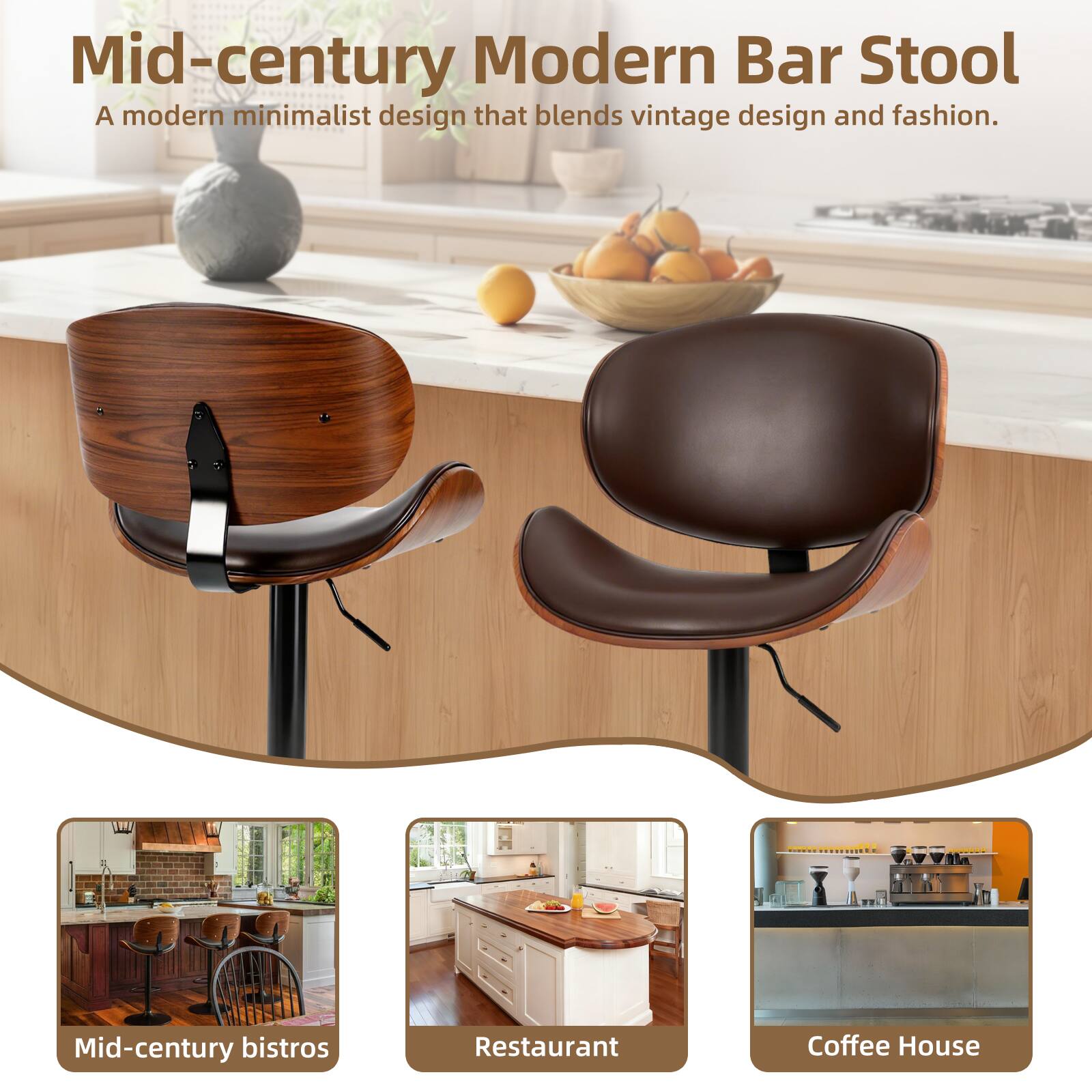 Mid-century Modern Bar Stool  
A modern minimalist design that blends vintage design and fashion.  

Mid-century bistros  
Restaurant  
Coffee House