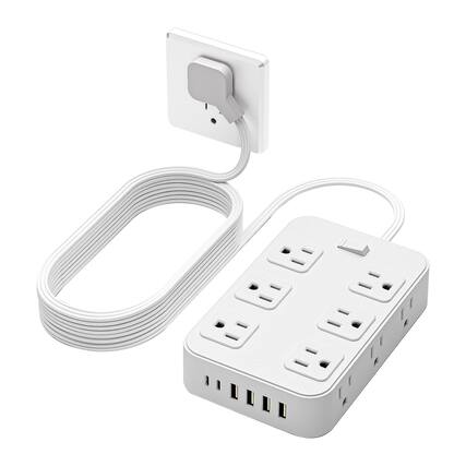 Front. Dazzed Corner - Flat Plug Power Strip, 12 AC Outlets & 6 USB Ports, 5FT Cord, ETL Listed - White.
