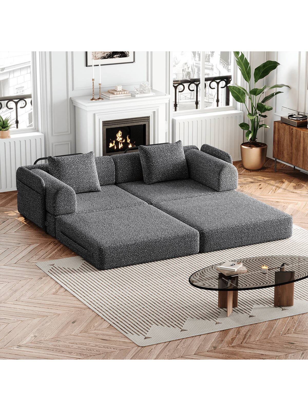 Alt View 5. Trinkets Crazed - Convertible Sofa Bed, 72.4"+ 72.4" Sectional Couch 4-Seater With Storage Pockets Modular Sleeper Couch - Gray.