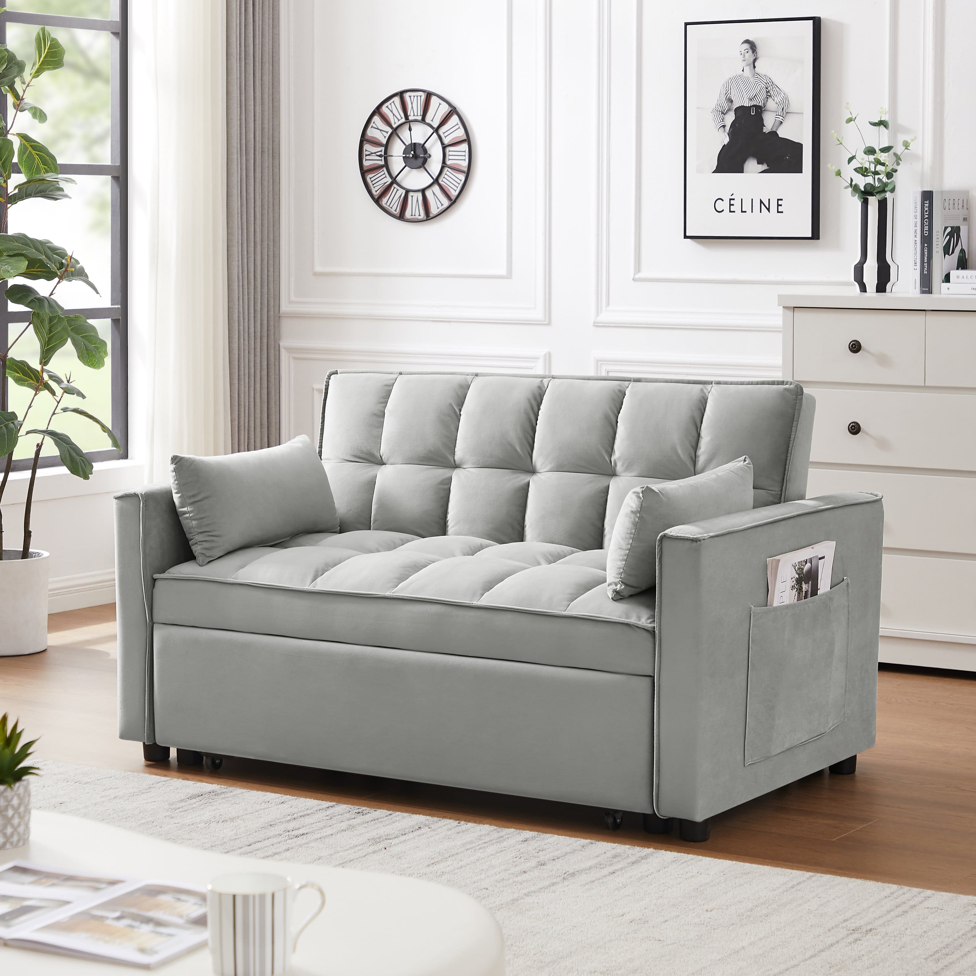 Photos - Sofa Modern Tiramisubest - 3-in-1  Velvet Sleeper Loveseat,Reclining Backrest,Pullout Bed & Storage Pockets with Pillows for Livin 