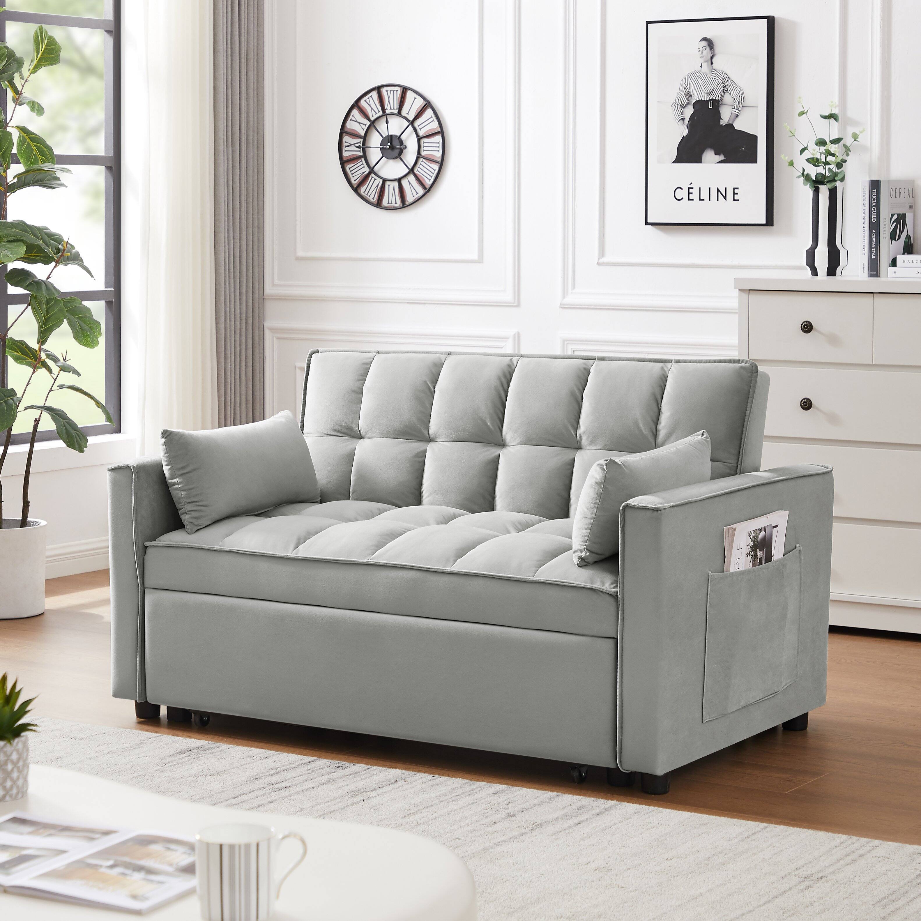 Tiramisubest - 3-in-1 Modern Velvet Sleeper Loveseat,Reclining Backrest,Pullout Bed & Storage Pockets with Pillows for Living Room - Gray