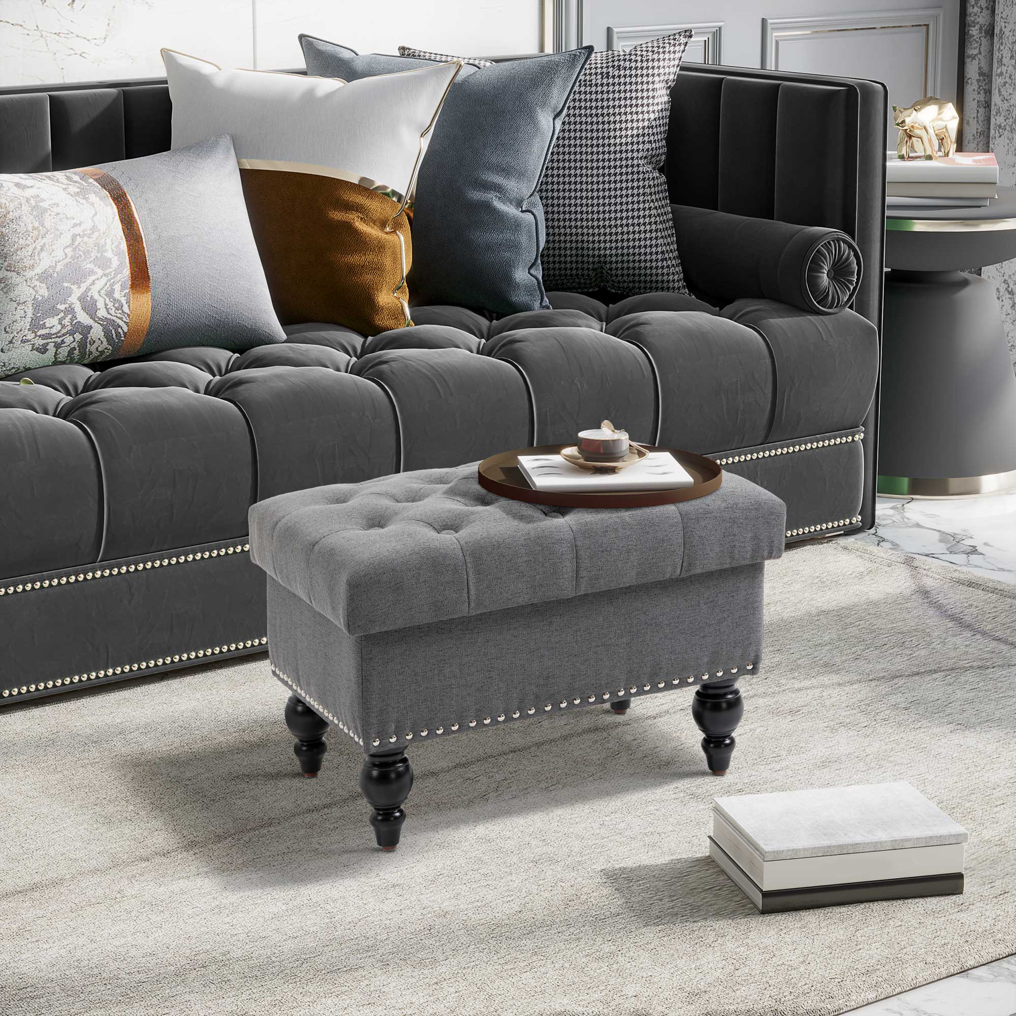 Alt View 4. Homcom - Ottoman with Storage for Living Room, 25" Storage Ottoman with Removable Lid, Button-Tufted Fabric Bench for Footrest - Grey.
